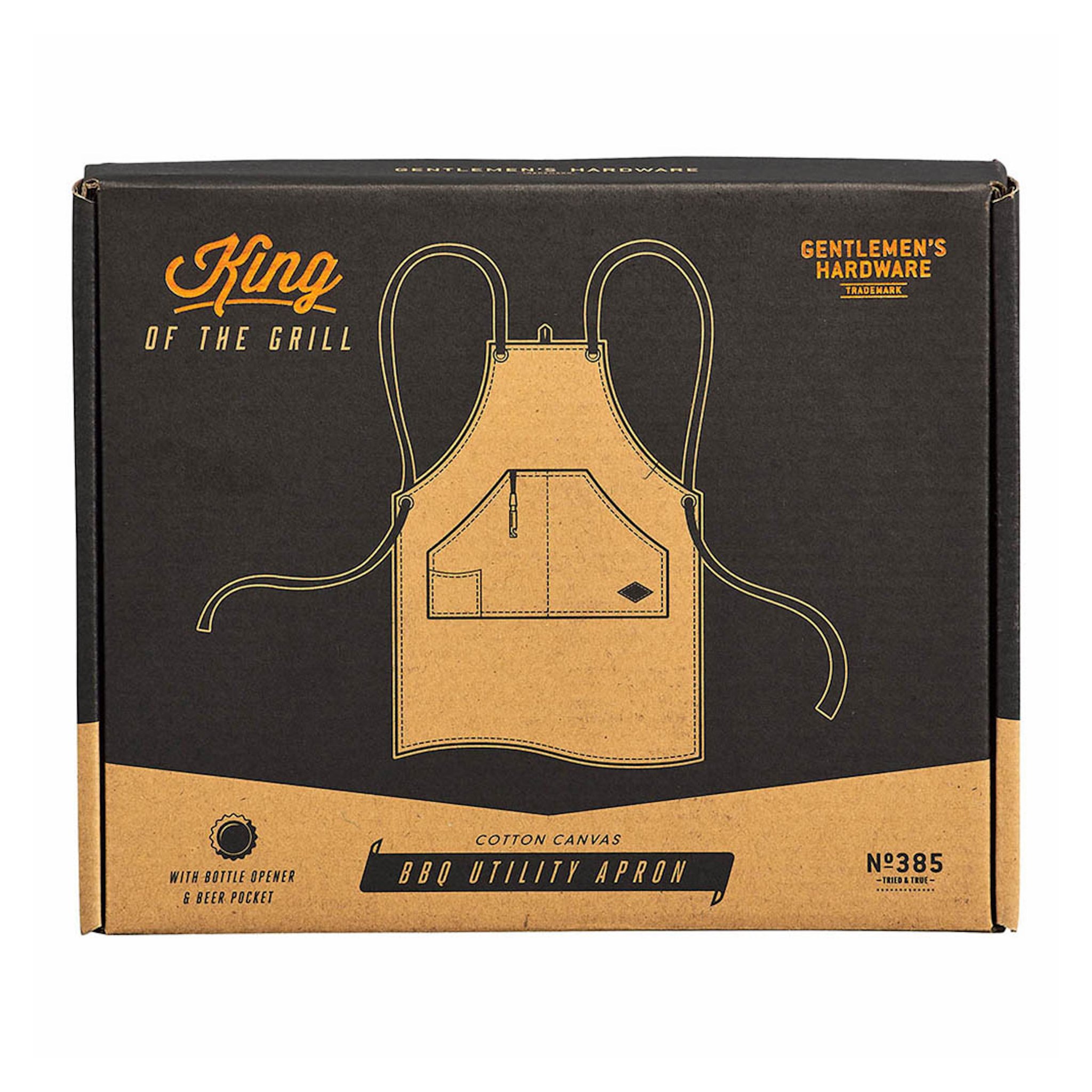 Brown cardboard box of the BBQ apron with the 'King of the Grill' lettering and a printed drawing of the apron