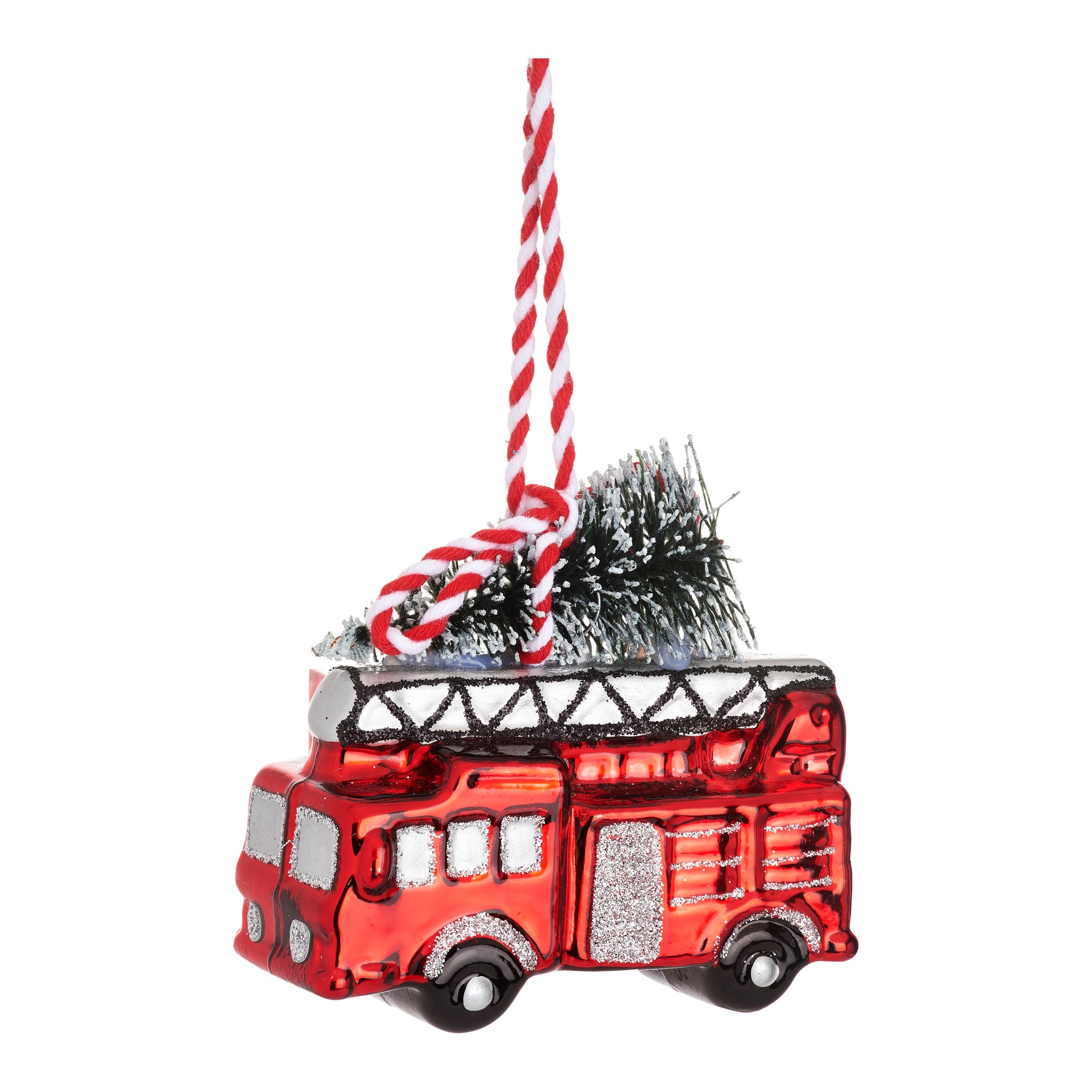 Décoration de Noël camion de pompiers Sass & Belle, camion rouge en verre avec sapin, détourée