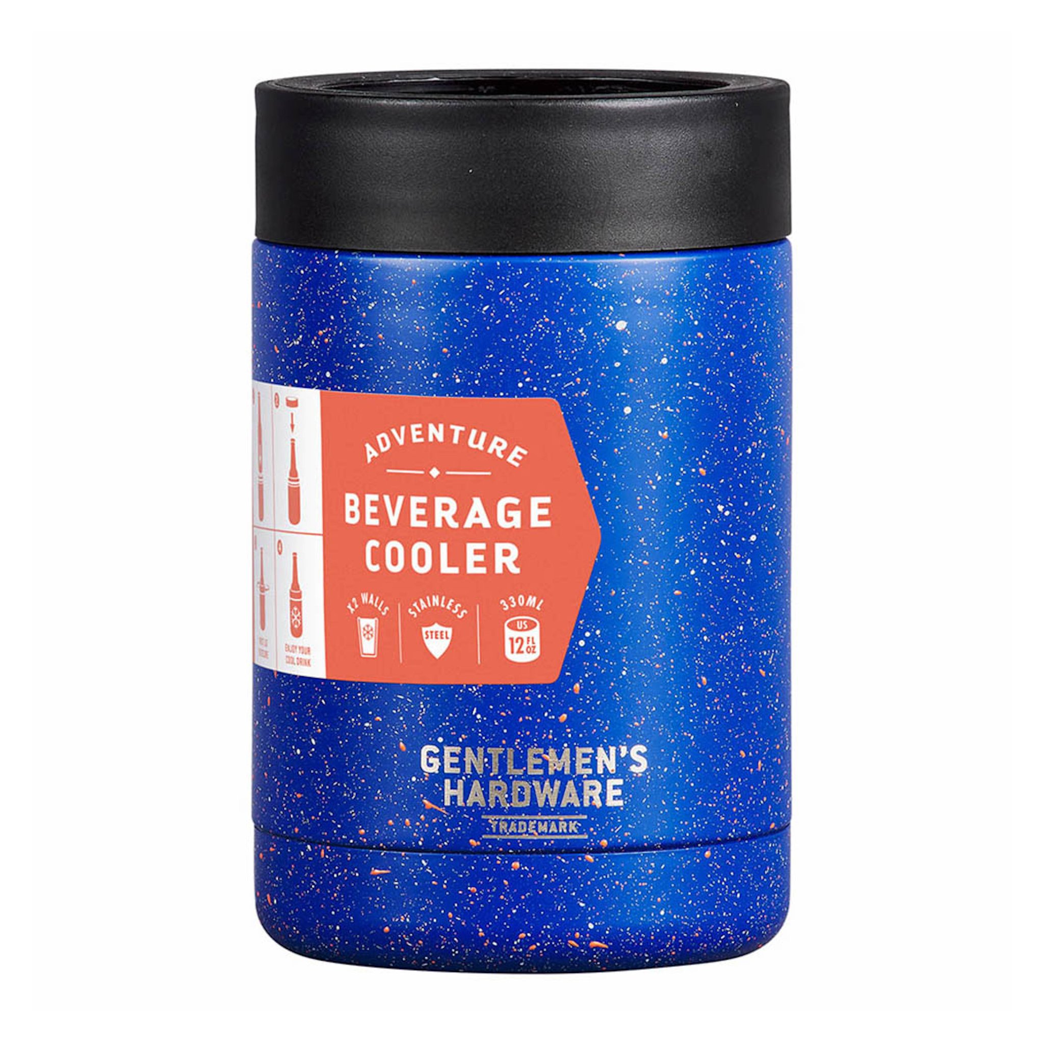 Blue speckled Beverage Cooler with a black rim and an orange Adventure Beverage Cooler label on the front