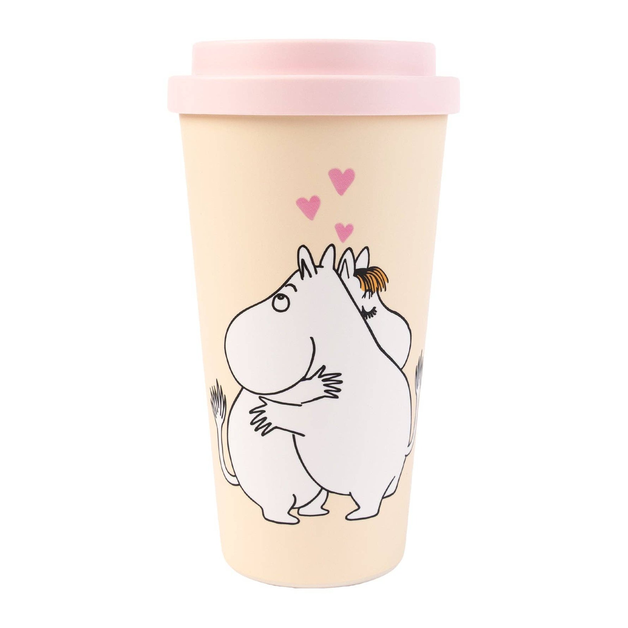 Back of the take-away mug: Moomintroll and Snorkmaiden hugging
