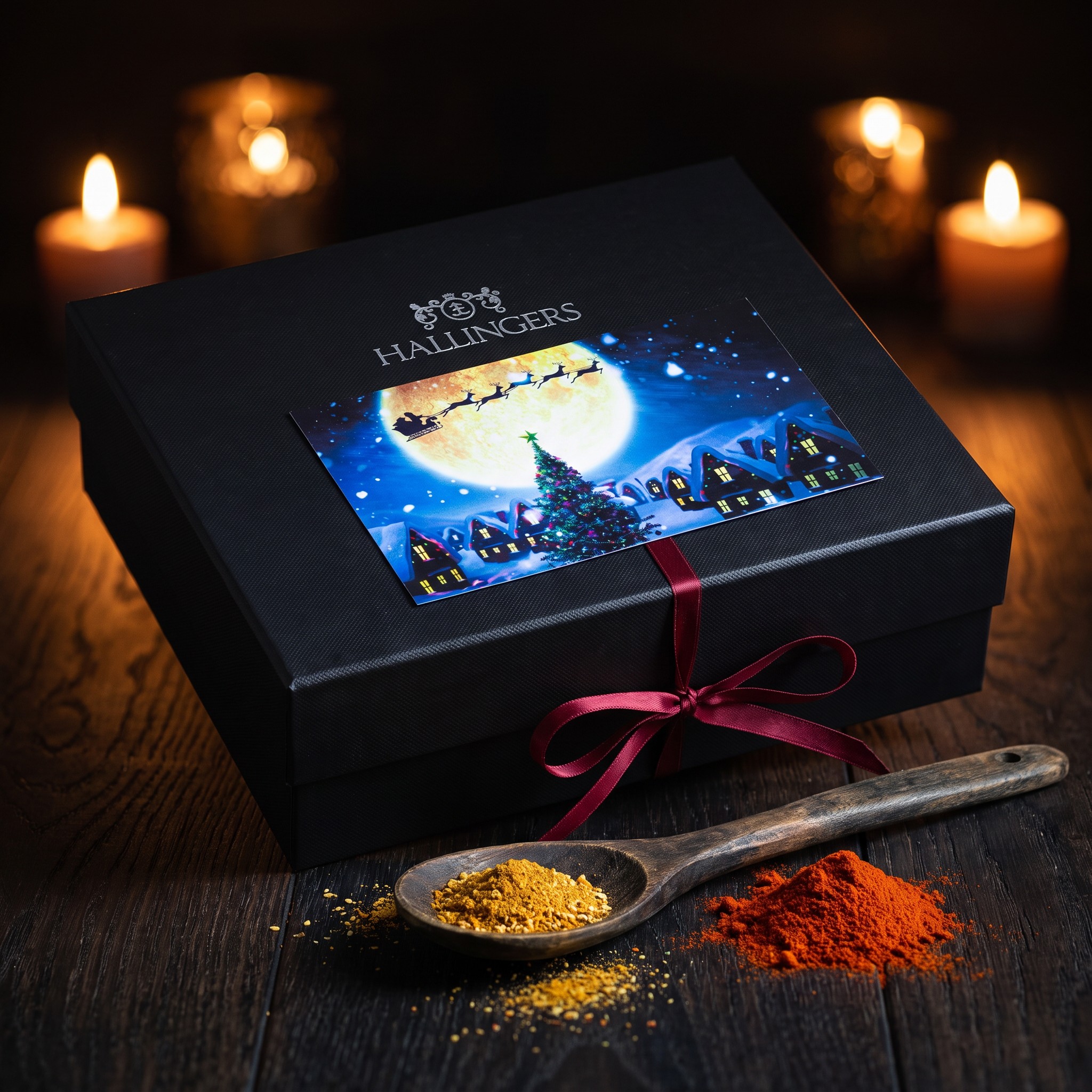 Geschenkbox des Gewürz-Adventskalenders mit Mond-Etikett und Schleife, davor Holzlöffel mit Gewürz