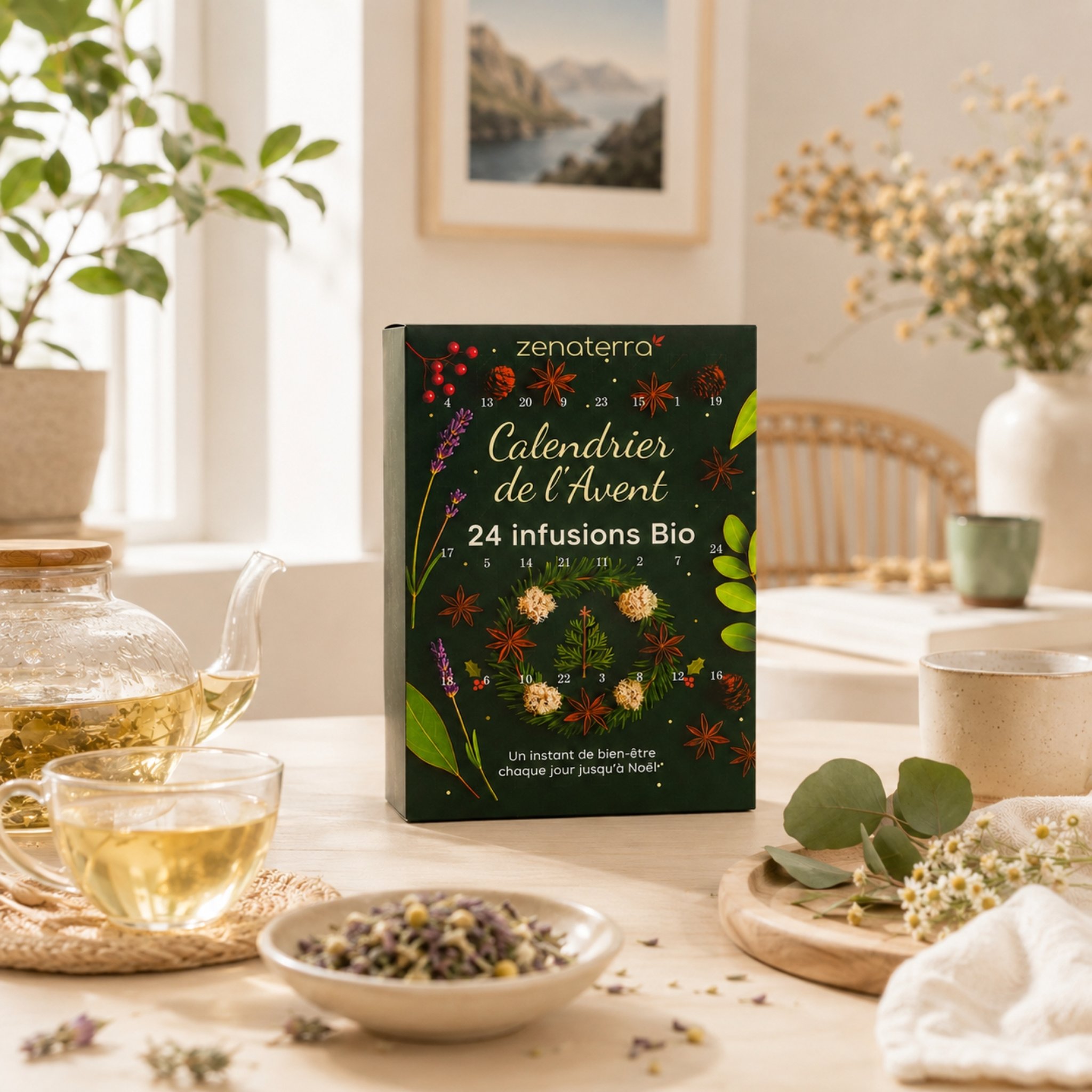 Calendrier de l'Avent de 24 infusions bio sur une table claire avec théière