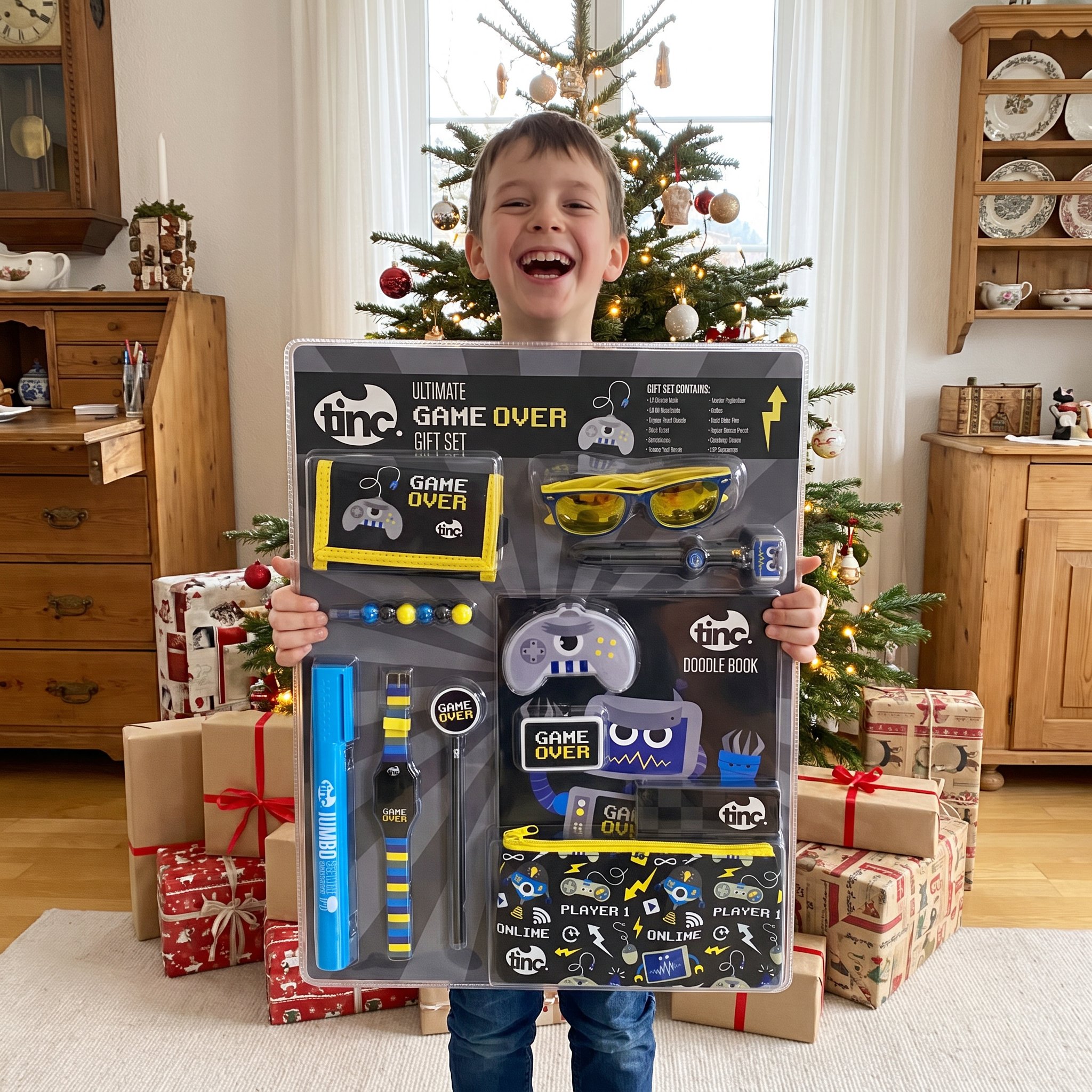 Bambino sorridente che solleva il set regalo Game Over, la confezione va dal petto alle ginocchia
