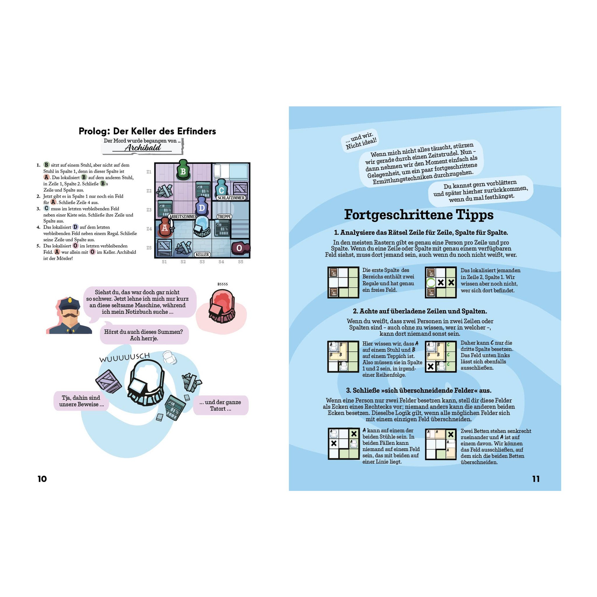 Double page from Murdoku 2 with the prologue in the inventor's cellar and an illustrated puzzle grid