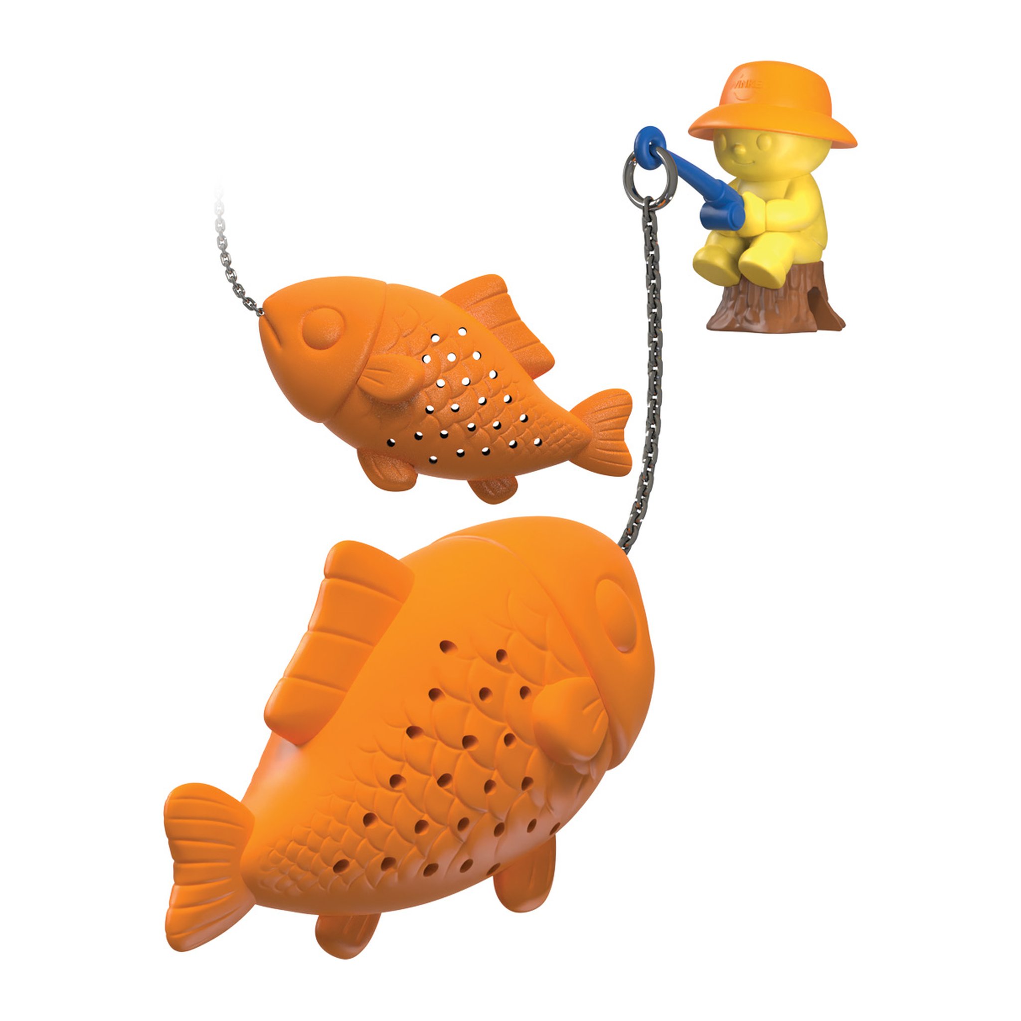 Big Fish Tee-Ei: oranger Silikonfisch an der Kette mit Anglerfigur