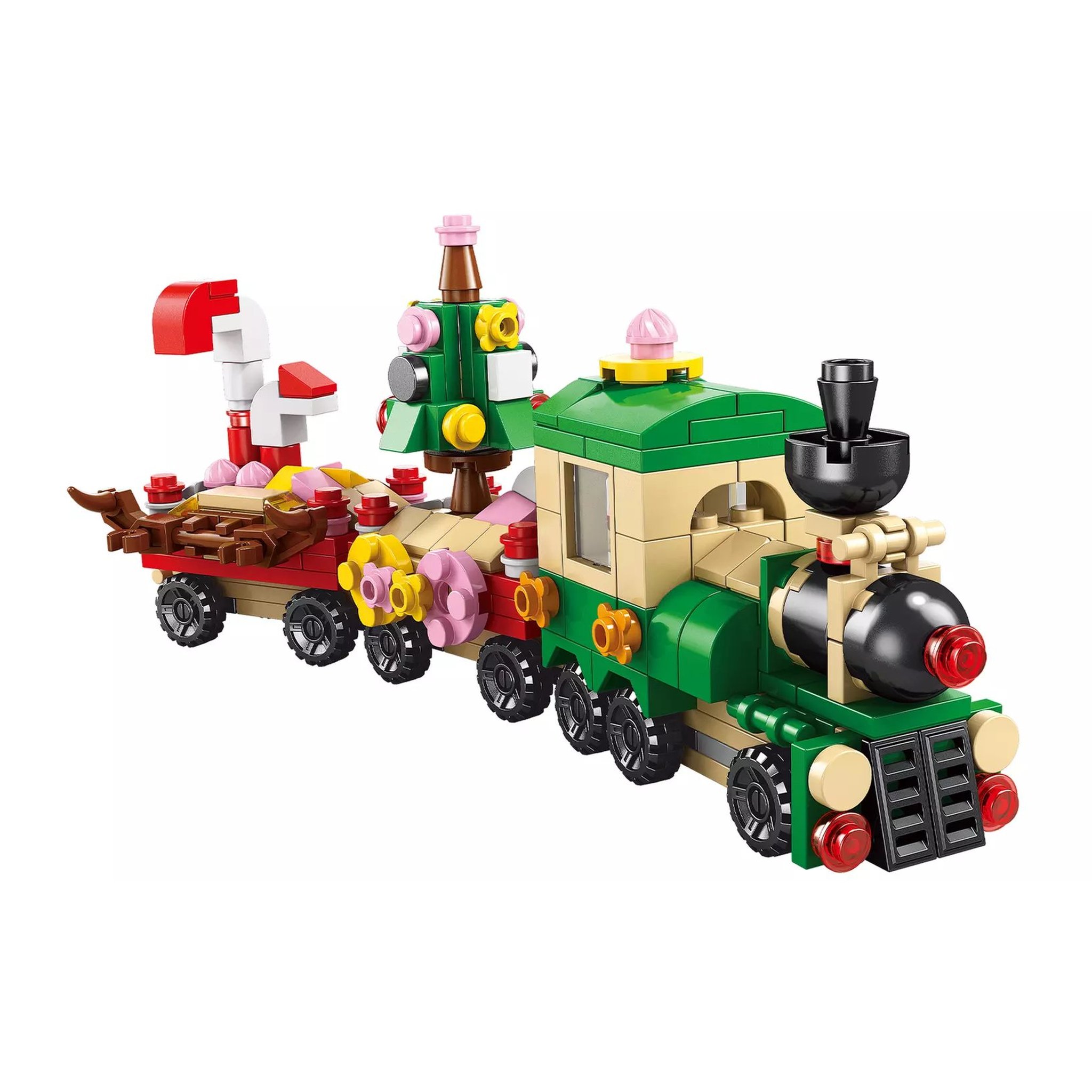 Christmas train with green locomotive built from the advent calendar bricks