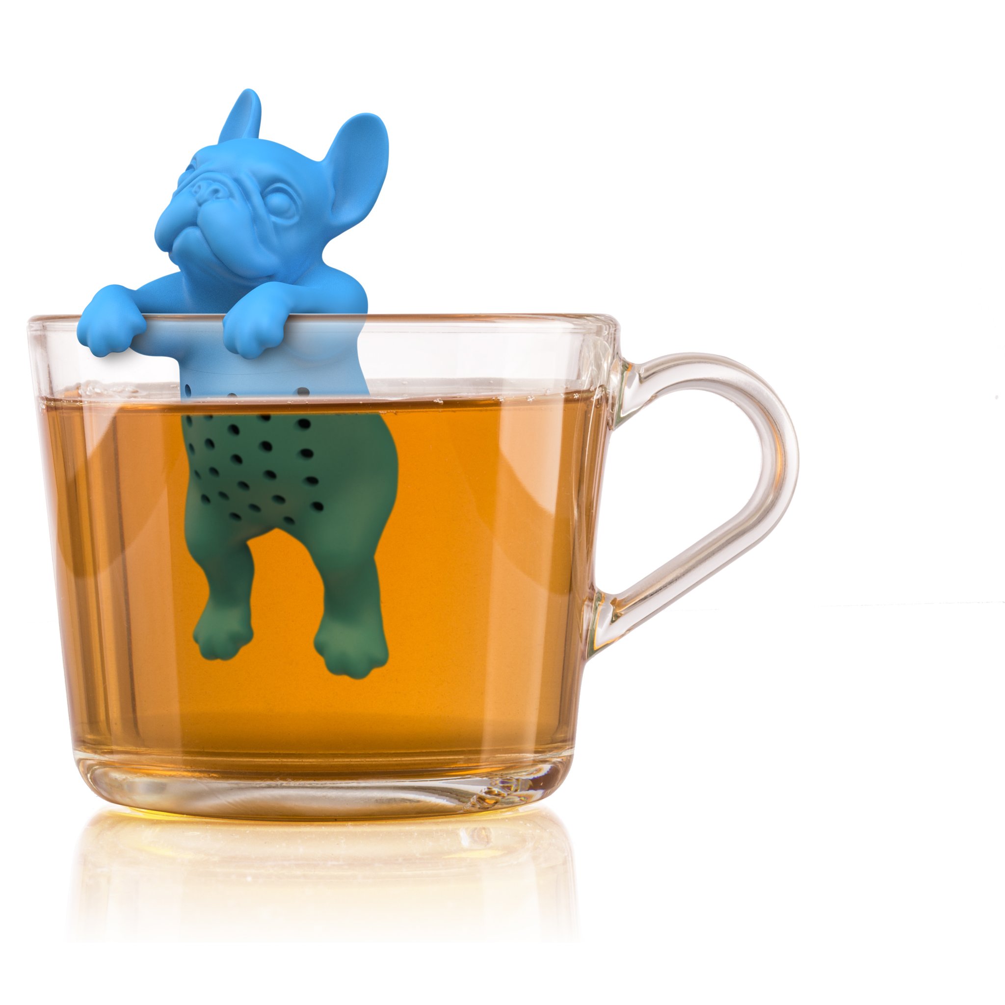 Good Boy tea infuser shaped like a blue dog on a cup rim