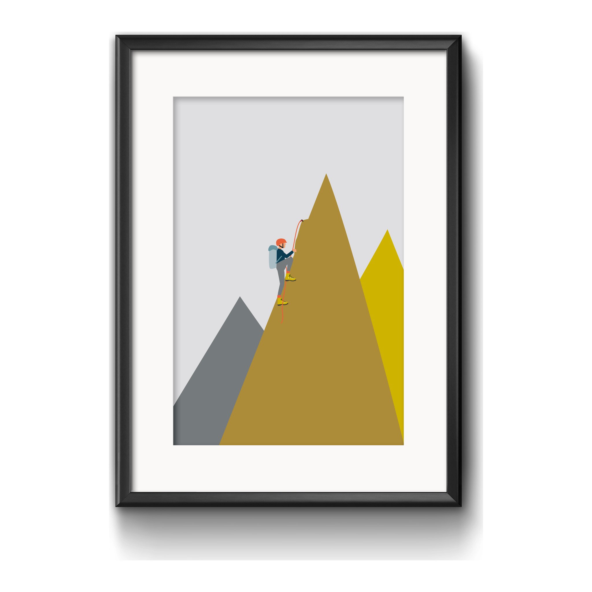 Kunstdruck Bergsteiger mit Wanderer auf gelbem Gipfel, gerahmt