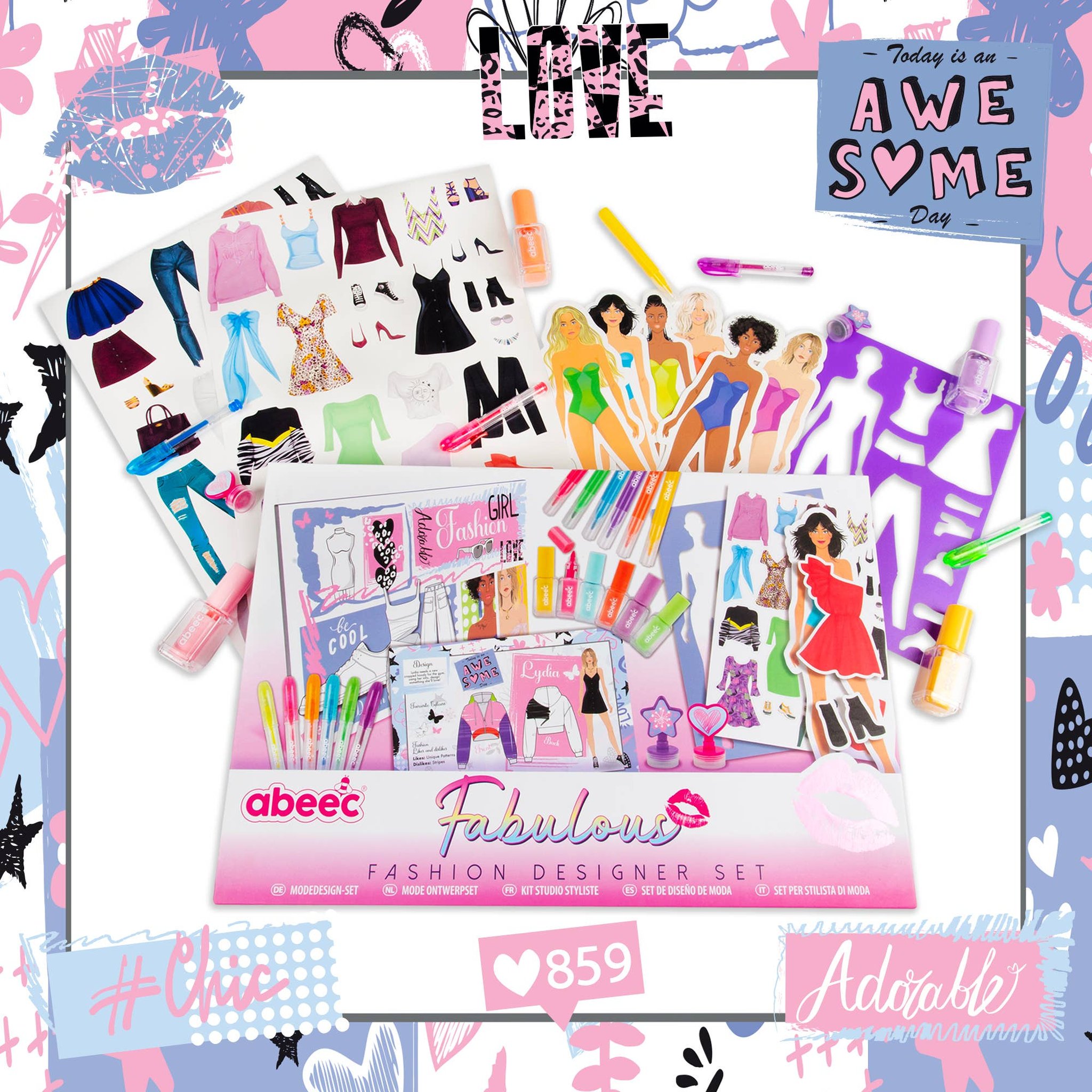 Stickerbogen mit Kleidern, Schablone und Gelstifte des Modedesigner-Sets ausgelegt