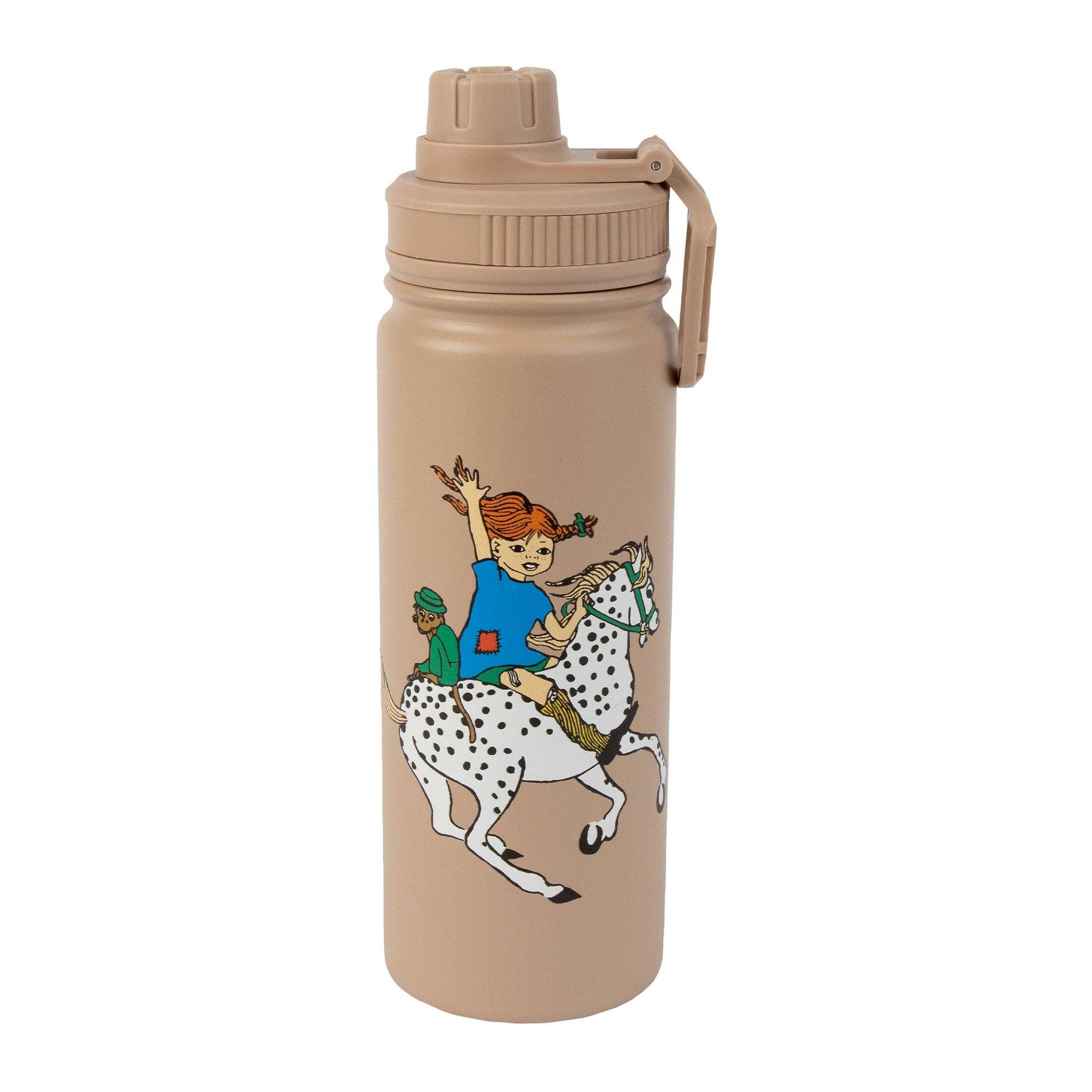 Beige Pippi Longstocking thermal bottle showing Pippi riding her spotted horse