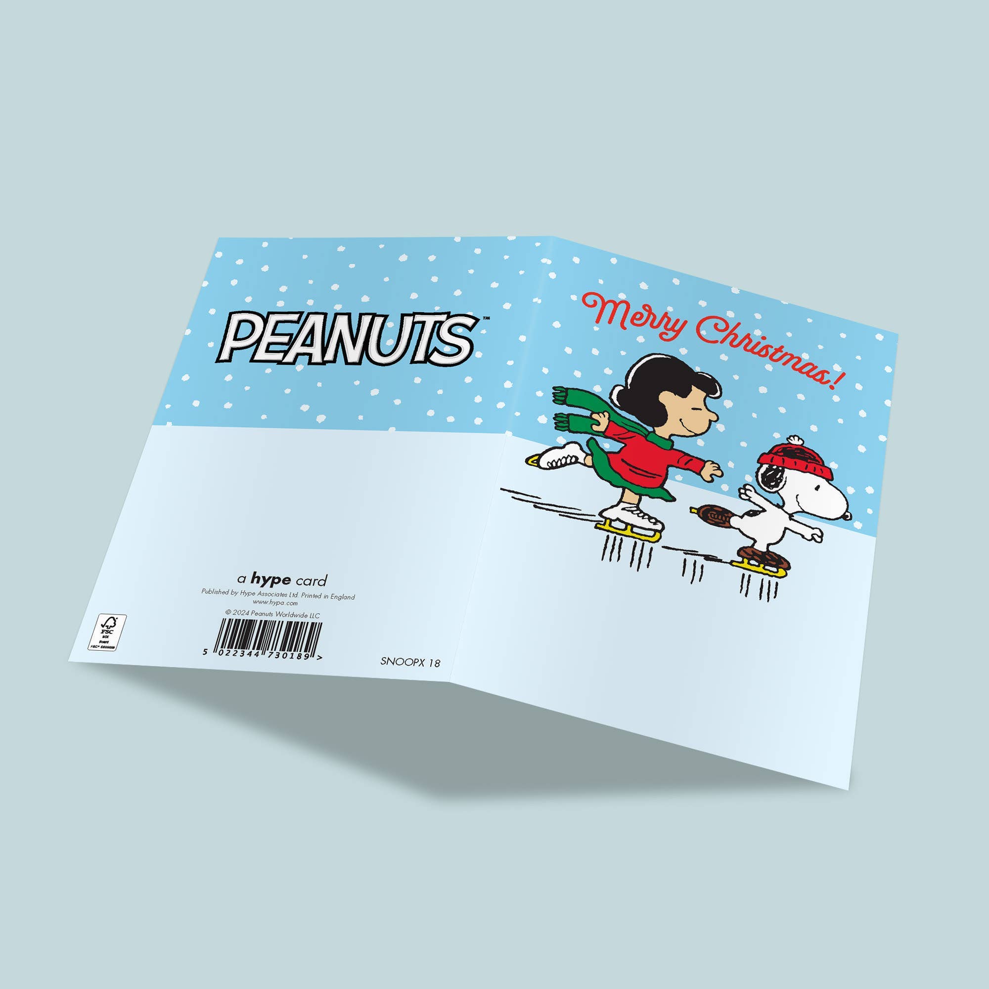Weihnachtskarte Peanuts beim Eislaufen – aufgeklappt