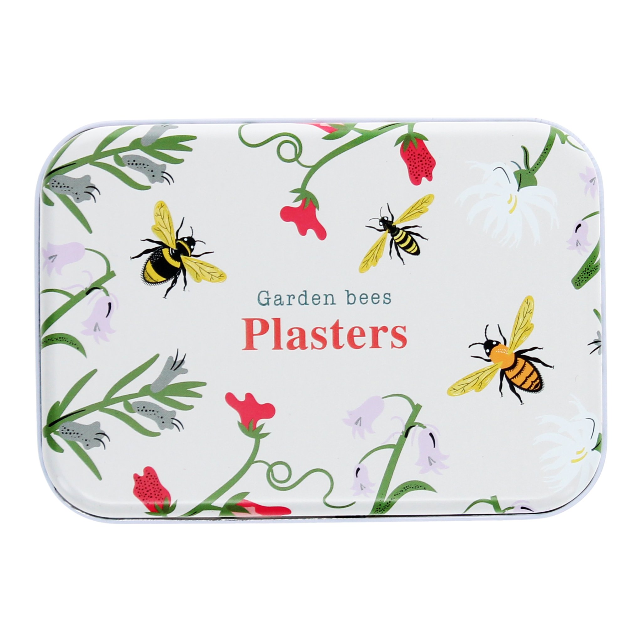 Deckel der Metalldose mit Gartenbienen zwischen Blumen und Aufschrift Plasters
