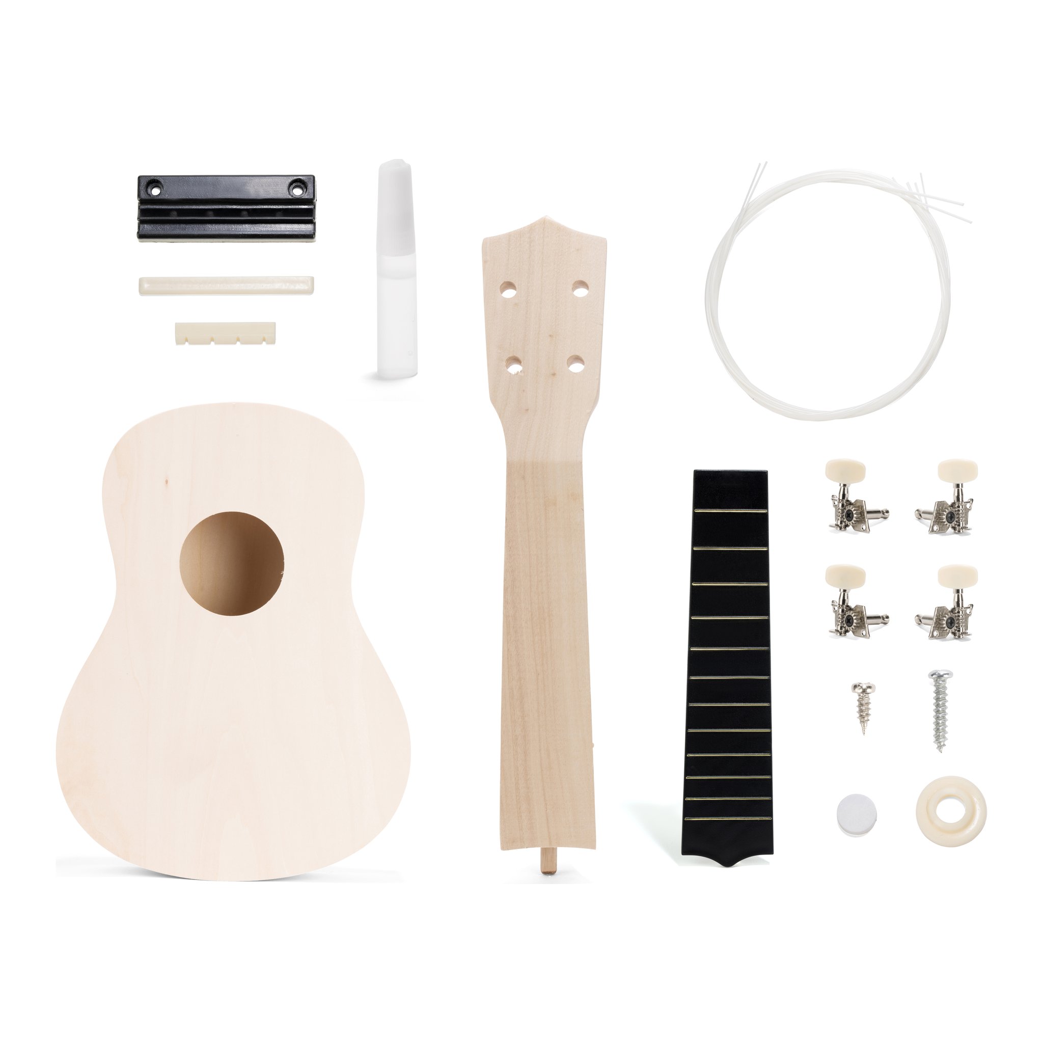 Einzelteile des Ukulele-Bausatzes: Korpus, Hals, Griffbrett, Mechaniken und Saiten