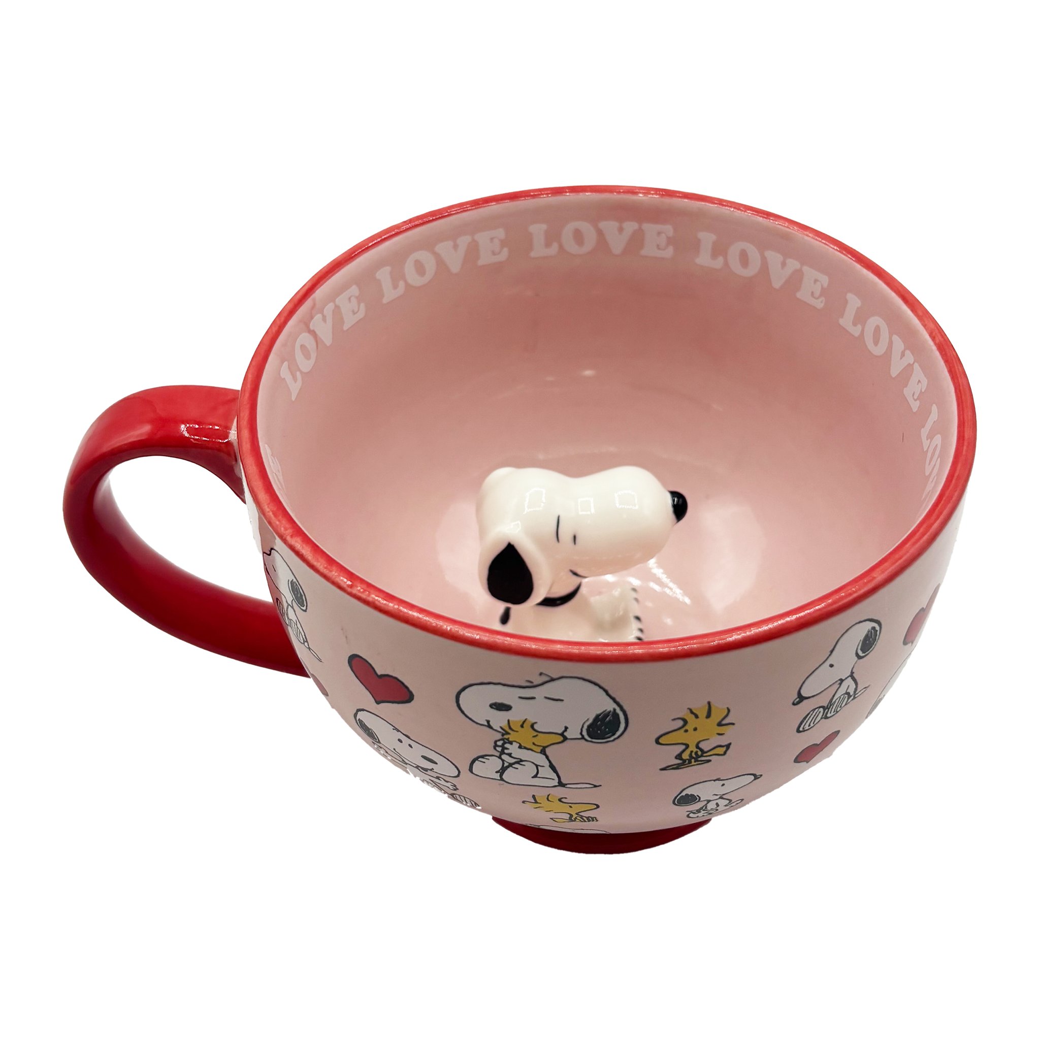 Snoopy Love Tasse schräg von oben, der 3D-Snoopy im Inneren ist sichtbar