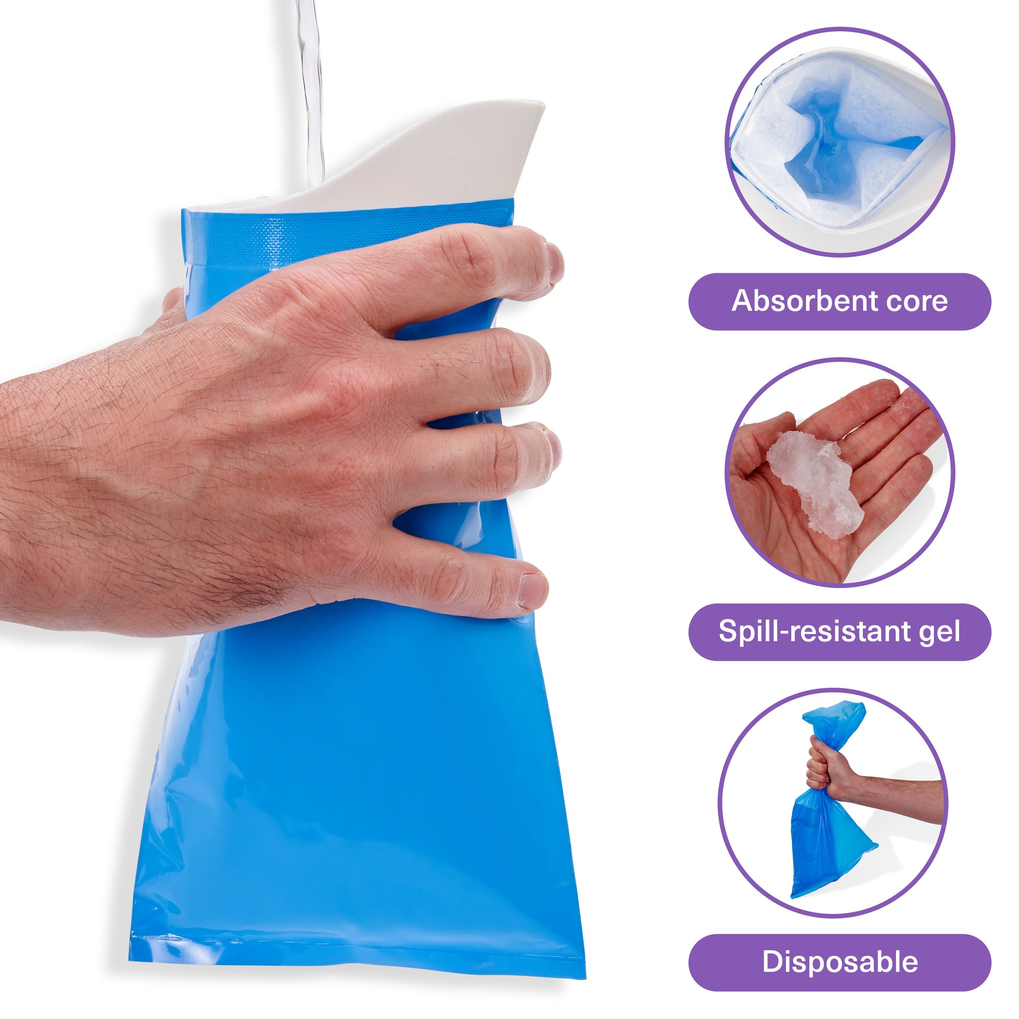 Urinoir de voyage en utilisation — noyau superabsorbant transforme le liquide en gel anti-fuite