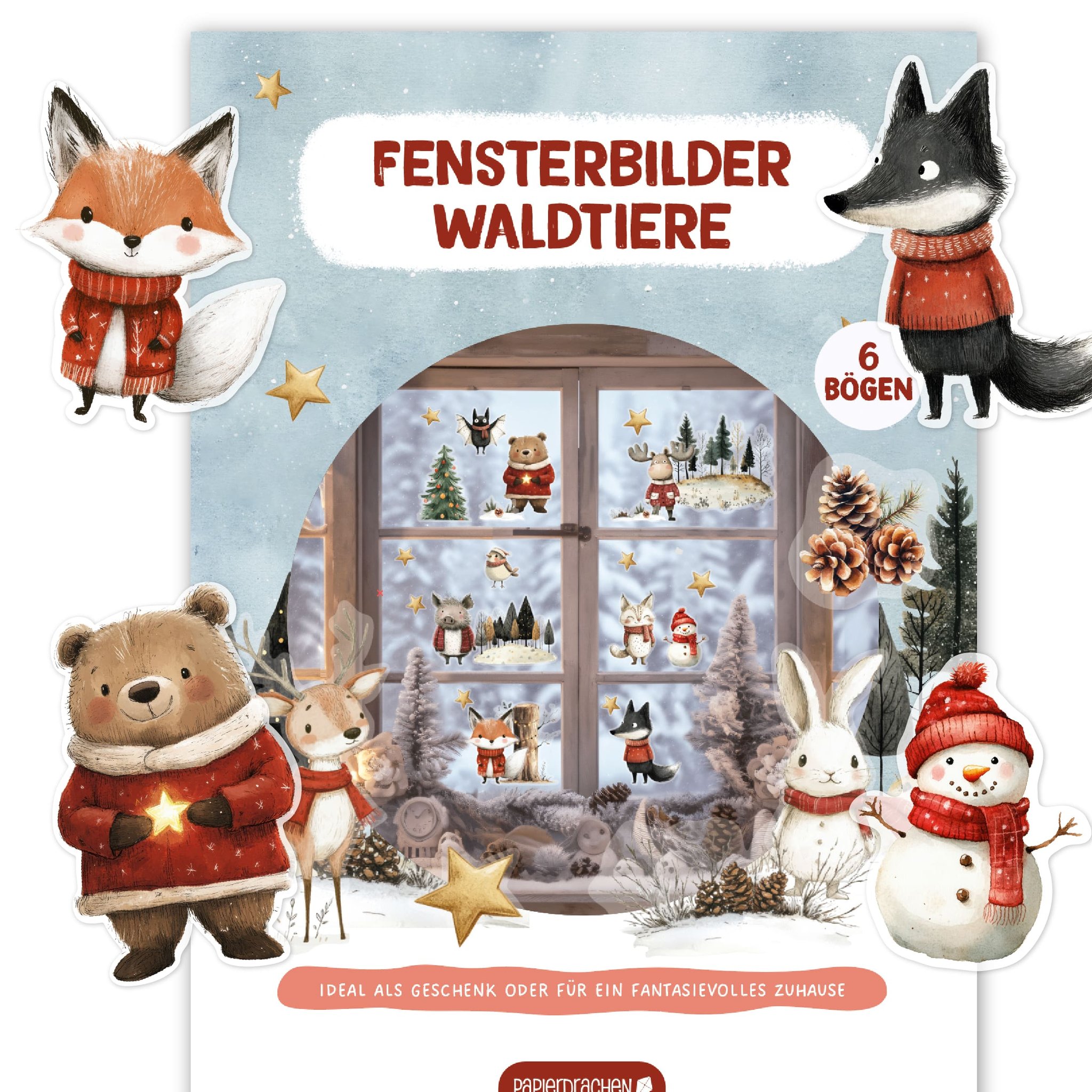 Verpackung der Fensterbilder Waldtiere Teeparty mit Fensterszene, Fuchs, Wolf, Bär und Schneemann