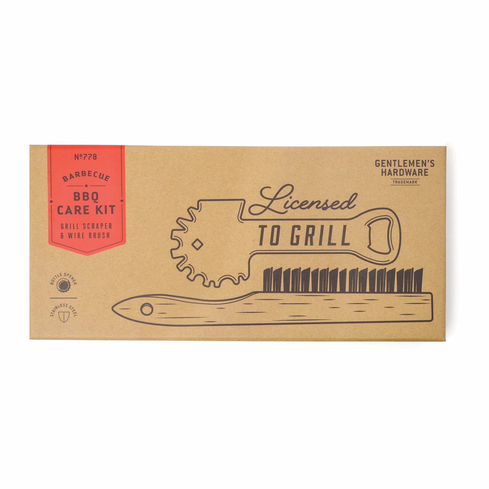 Face avant de la boîte en carton du kit pour l'entretien du barbecue, avec étiquette rouge et « Licensed to Grill »