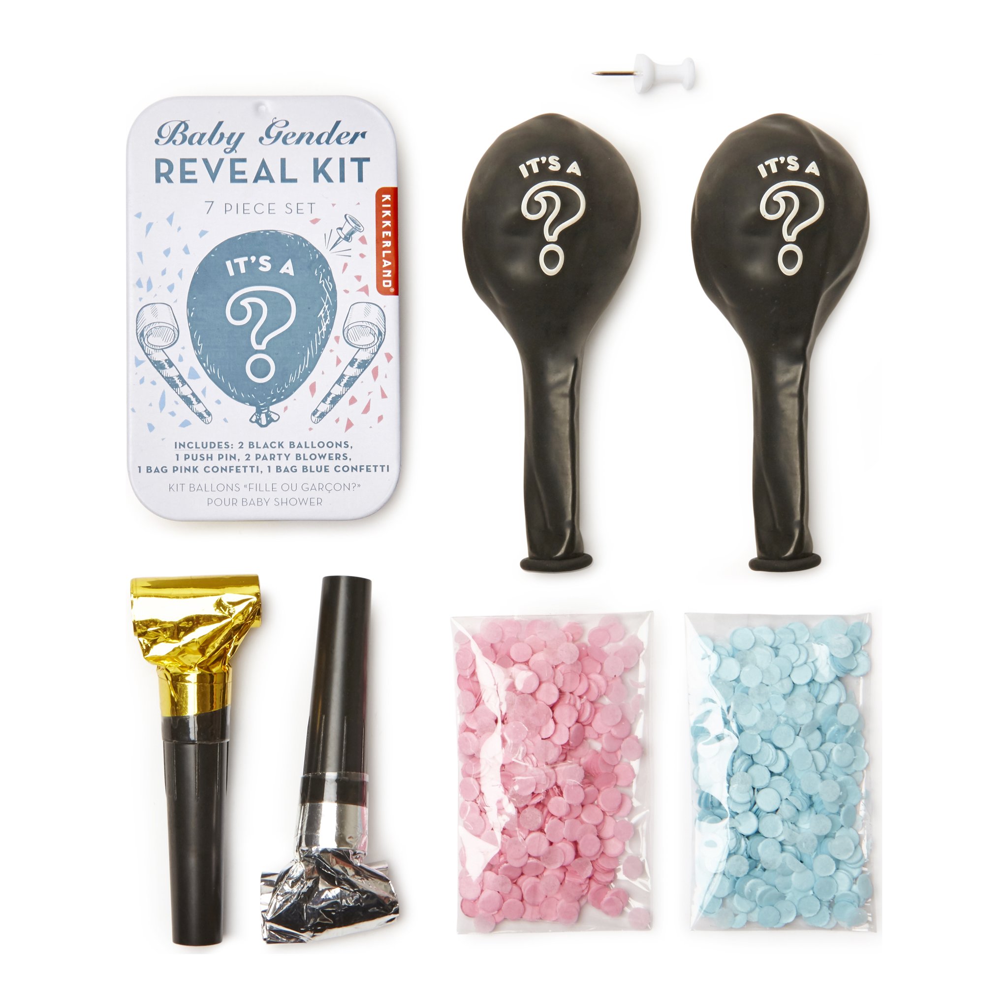 Contenu du kit : boîte, deux ballons noirs, épingle, deux trompettes, confettis roses et bleus