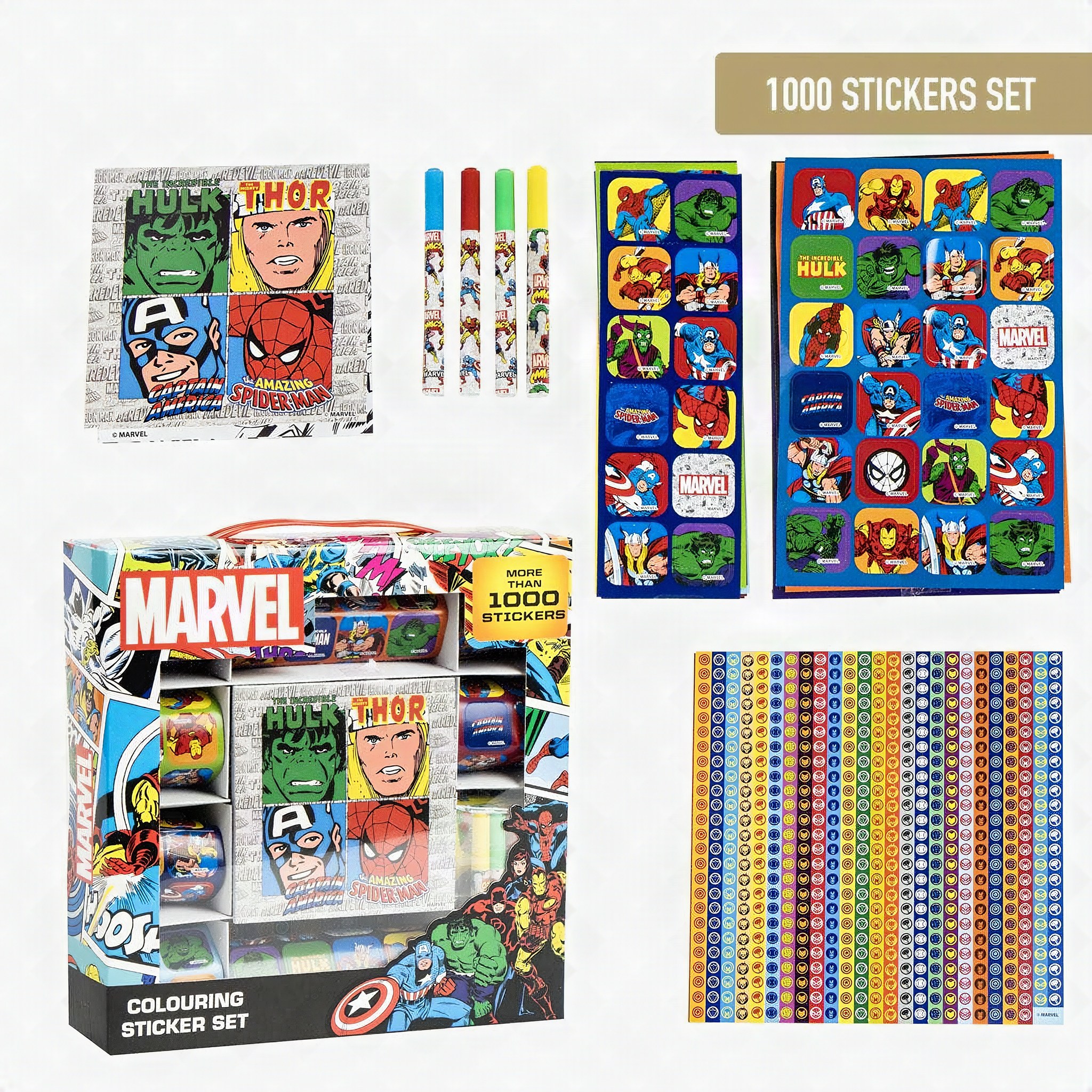 Boîte Marvel au design comic avec tout le contenu à côté