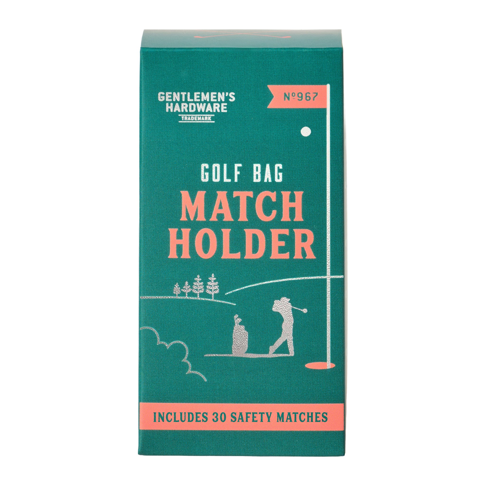 Green box of the golf bag match holder, front with golfer illustration and a coral banner along the bottom