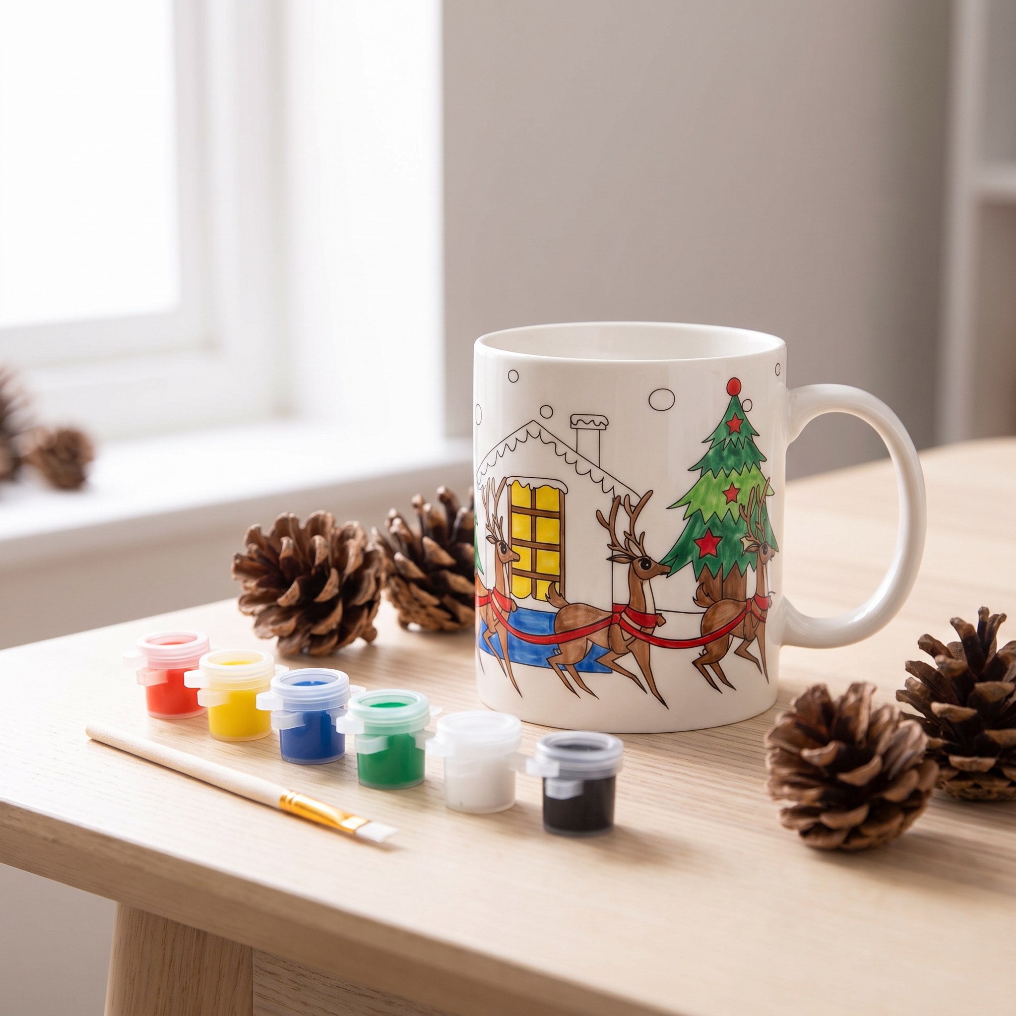 Bemalte Weihnachtstasse mit Rentierschlitten, daneben Farbtöpfchen, Pinsel und Zapfen
