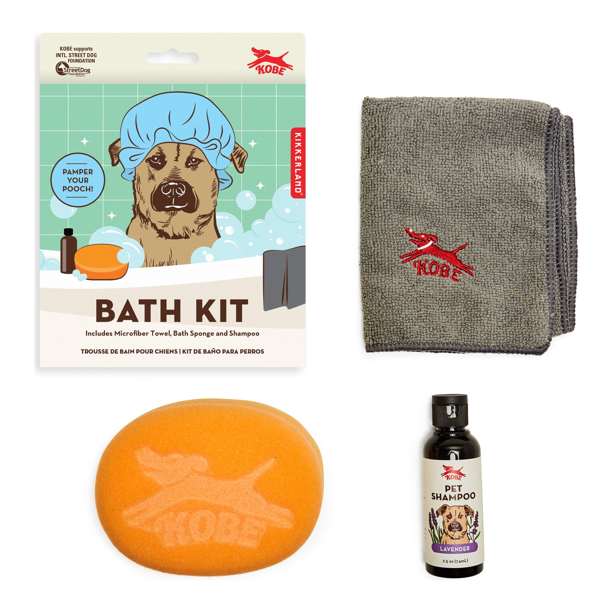 Badeset für Hunde: Verpackung, Mikrofasertuch, Schwamm und Shampoo