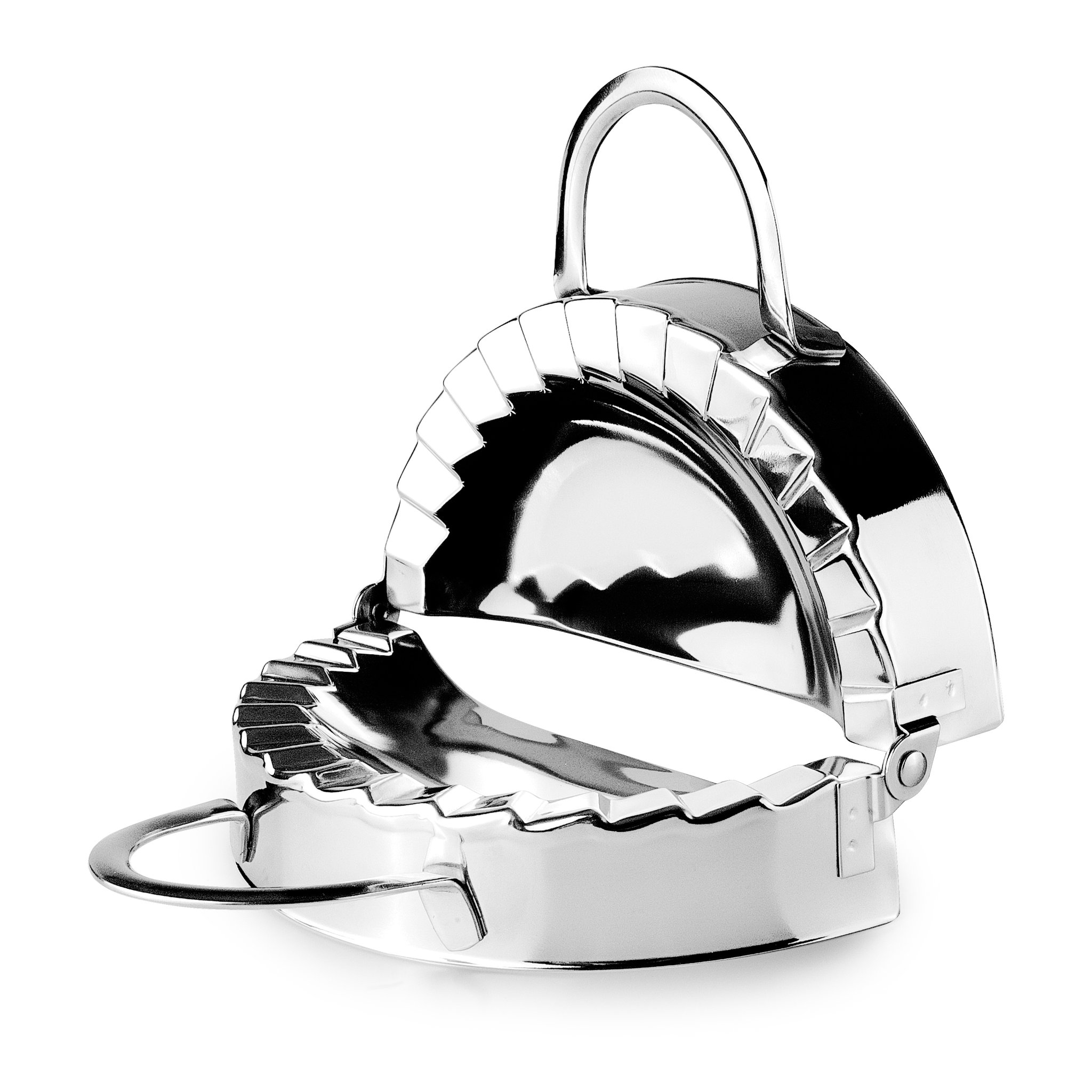Open stainless steel dumpling mould with crimped edge and handles