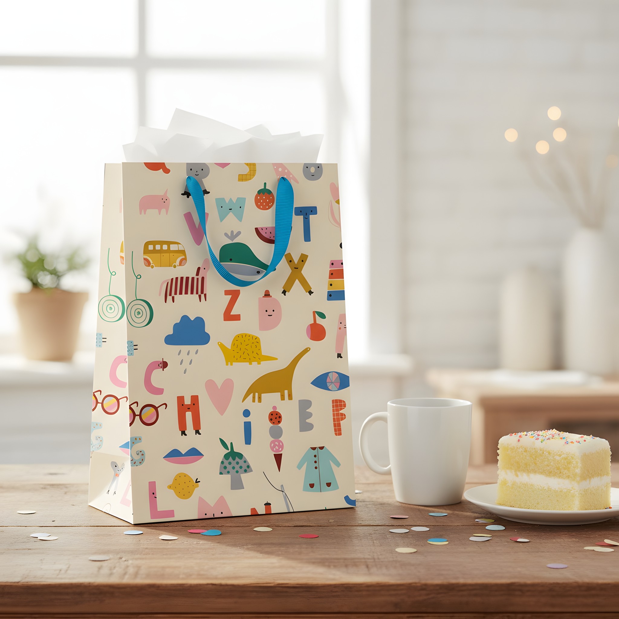 Busta regalo grande con alfabeto colorato di Ohh Deer con carta velina e tazza su un tavolo di compleanno con torta e coriandoli