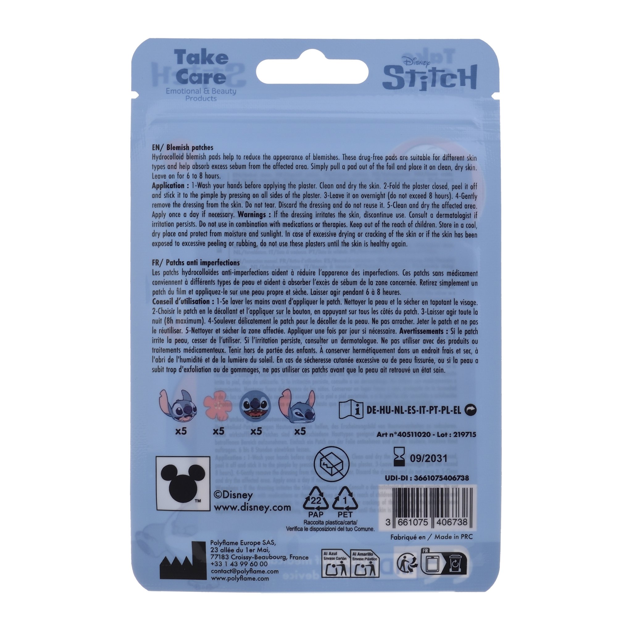 Back of the pouch with directions for use and five patches per design