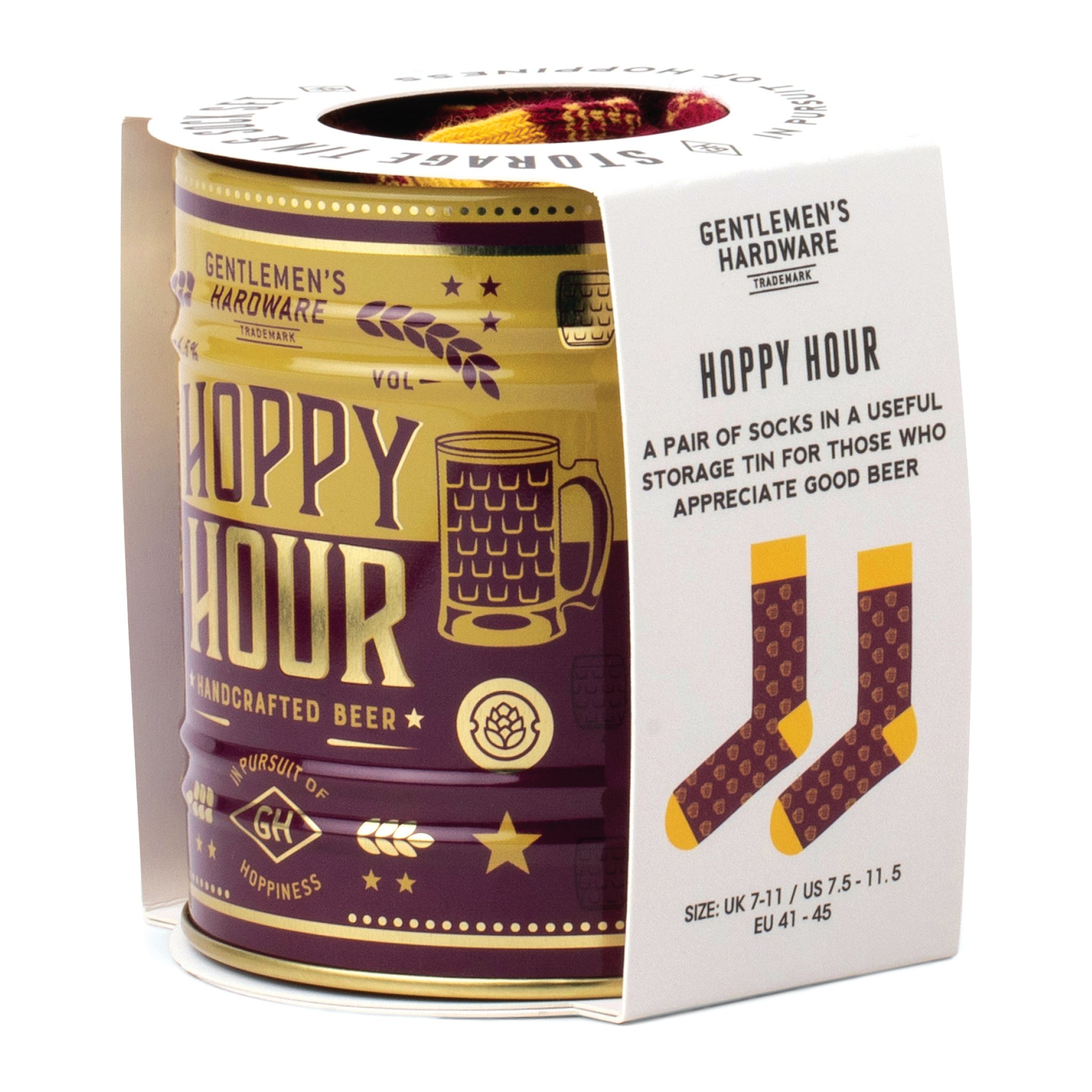Socks in a Can - Beer seen at an angle, the tin wrapped in a paper sleeve showing an illustration of patterned socks