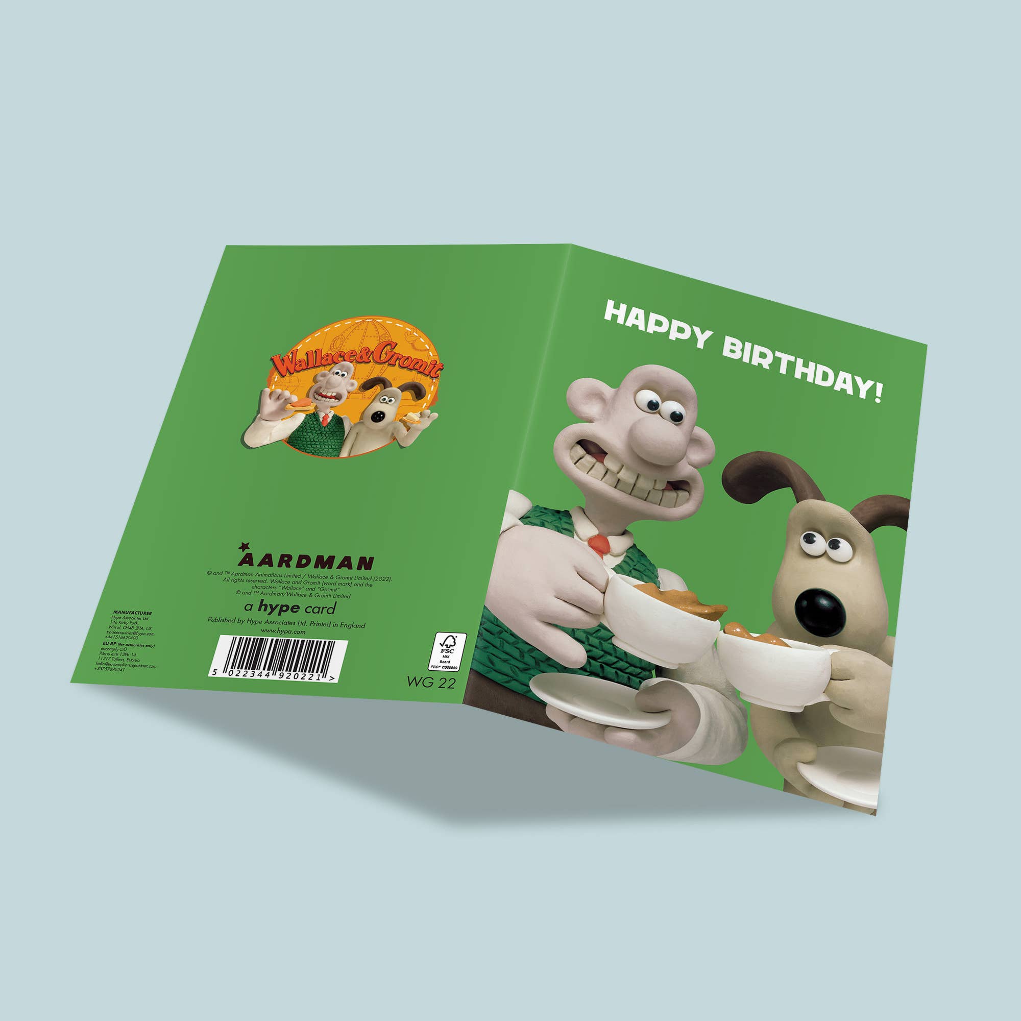 Geburtstagskarte Wallace & Gromit mit Teetassen – aufgeklappt