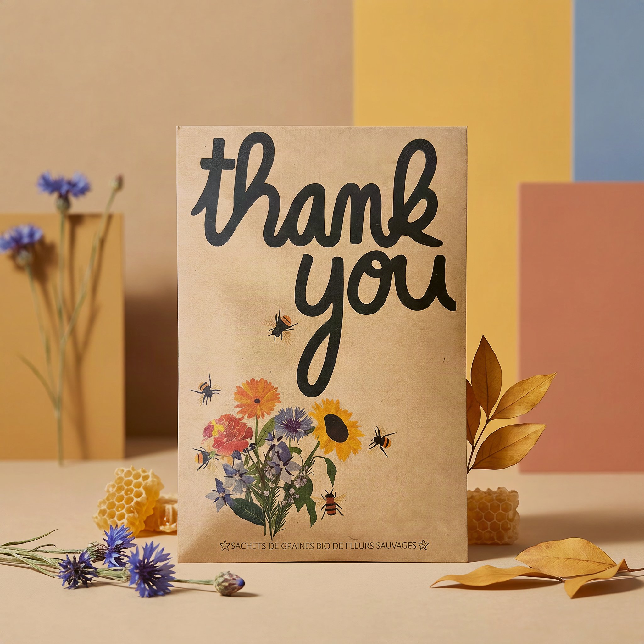 Sachet de graines Thank You en papier kraft avec bleuets, morceaux de rayon de miel et feuilles