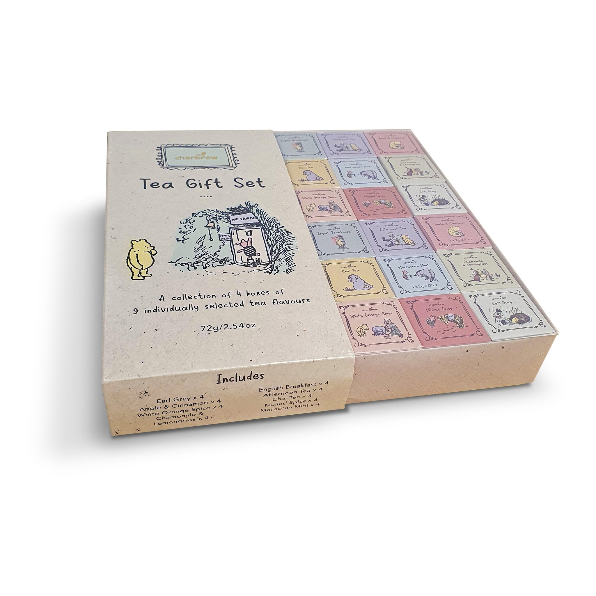 Winnie the Pooh tea gift box at an angle with the sleeve half pulled back