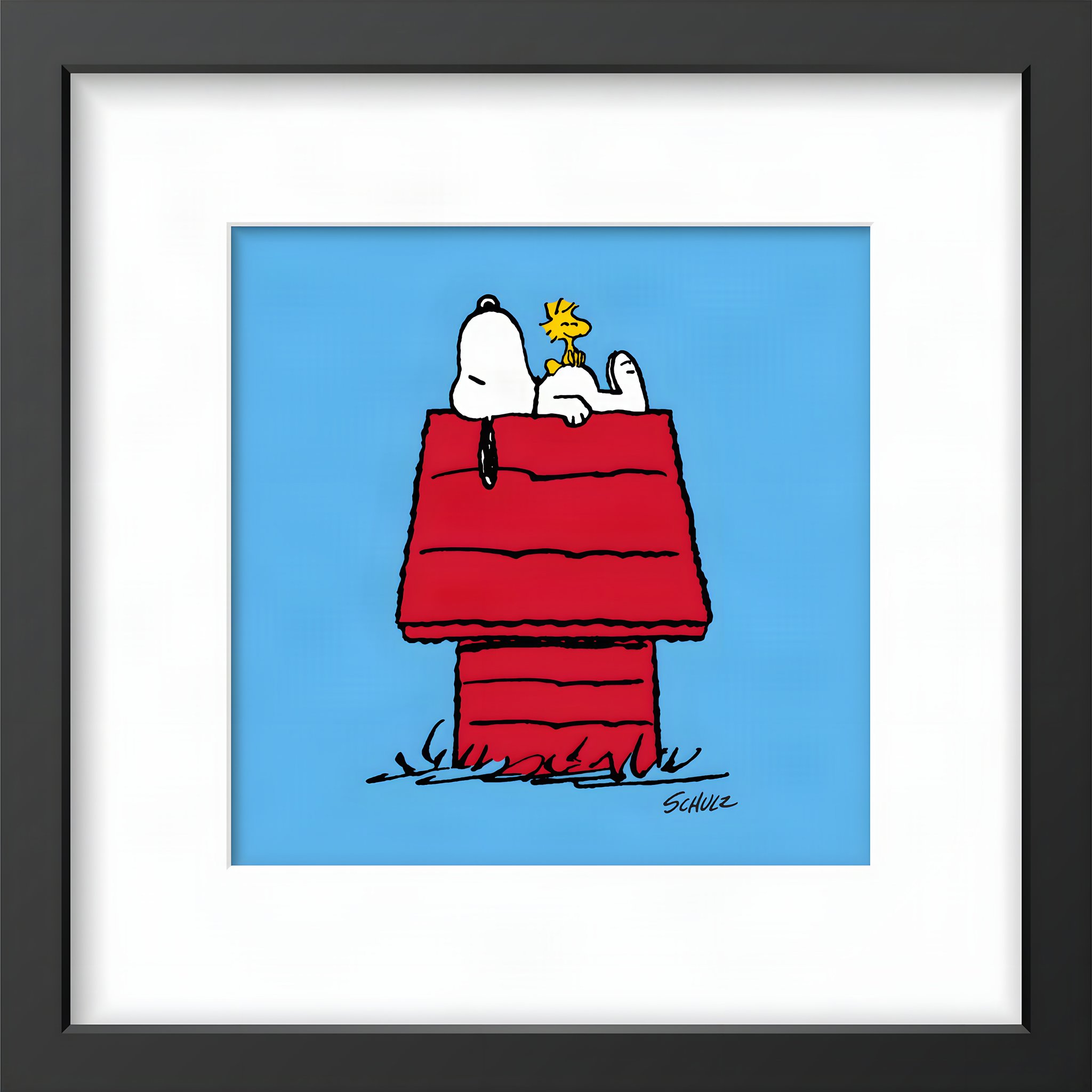 Gerahmtes Snoopy-Bild: Snoopy und Woodstock auf der roten Hundehütte vor hellblauem Grund