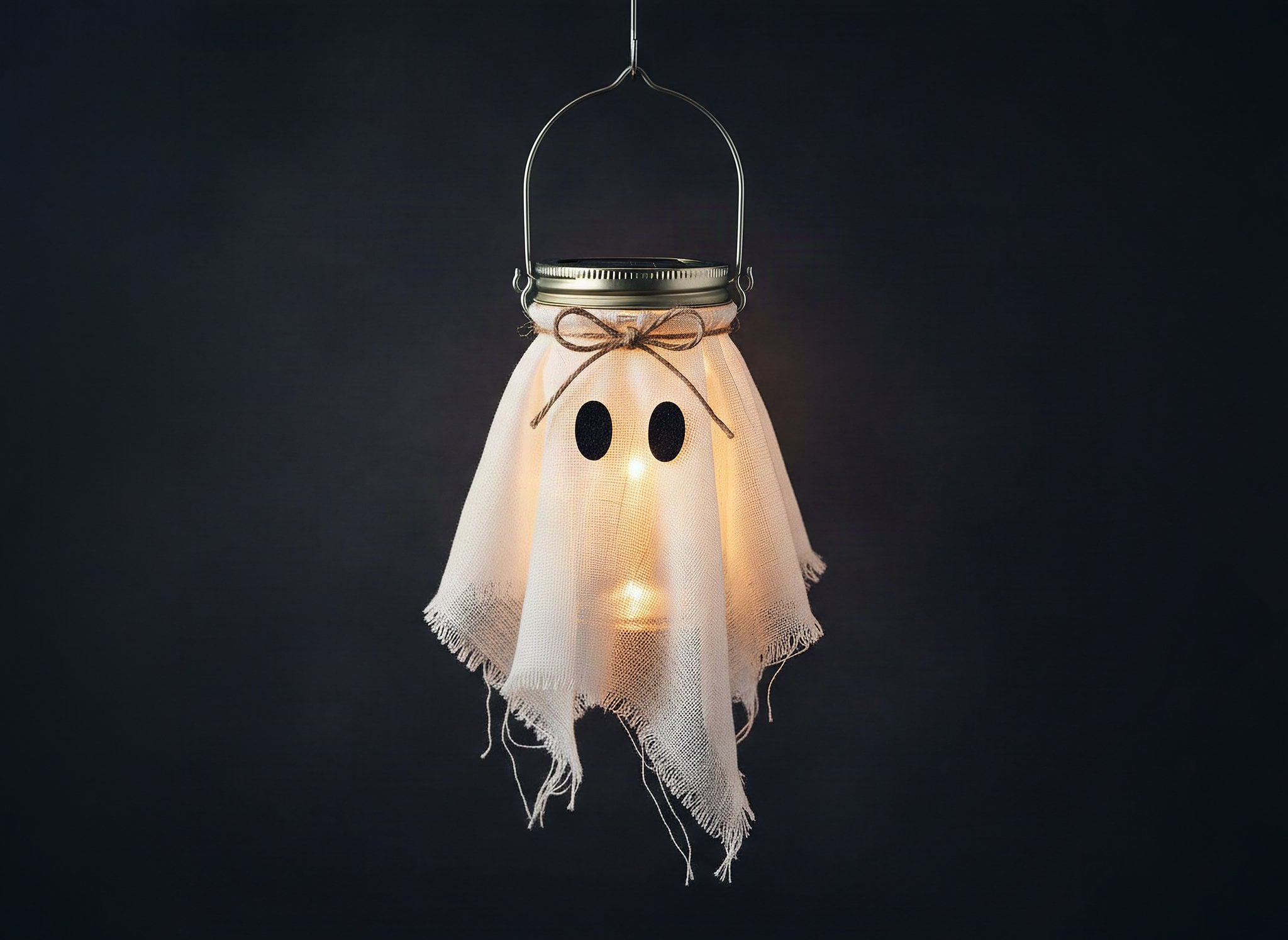 Glowing ghost lantern made from a solar jar with white cotton gauze, jute bow and black felt eyes