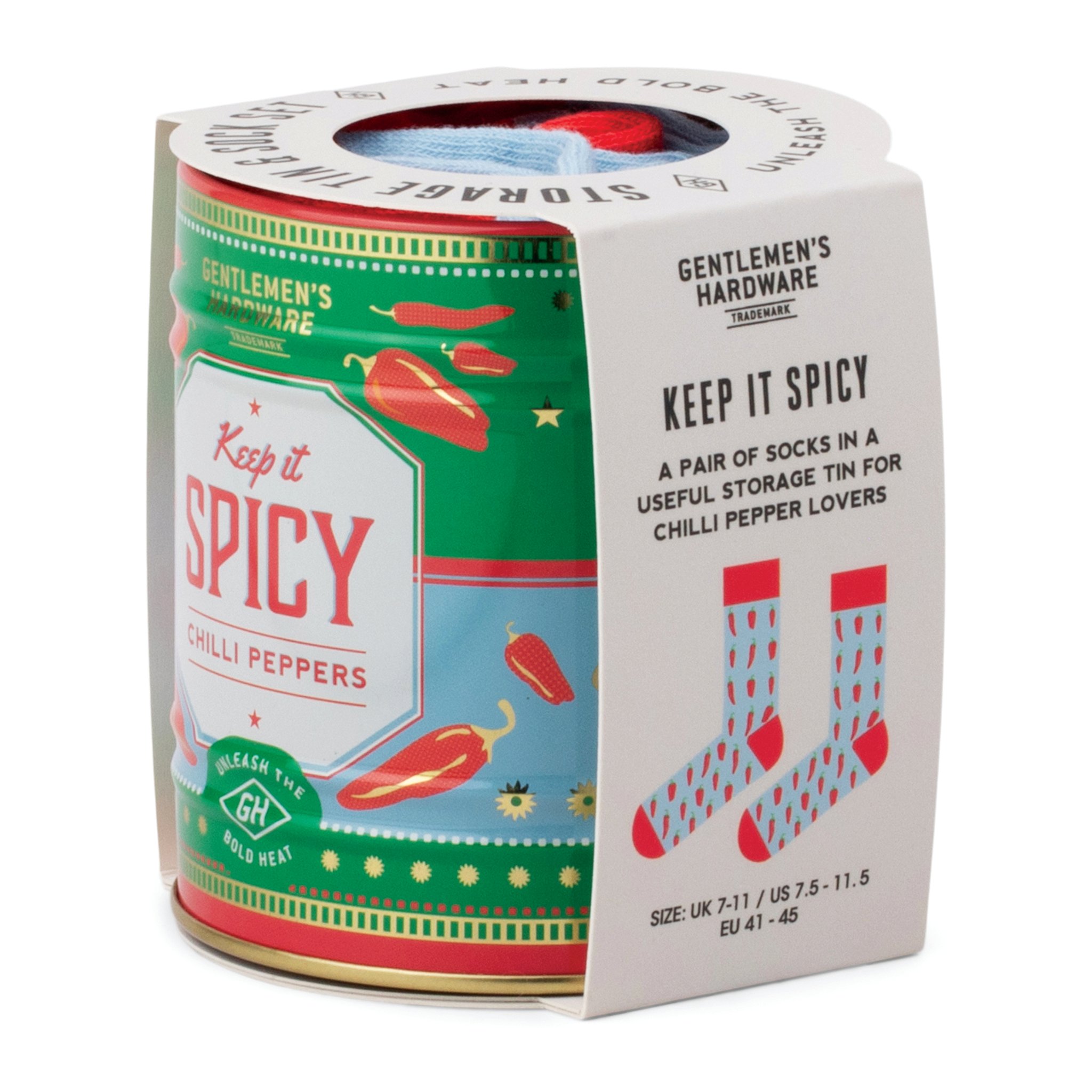 Vue en biais de l'emballage du set de chaussettes Chillie, le bandeau montre deux chaussettes à motif de piments