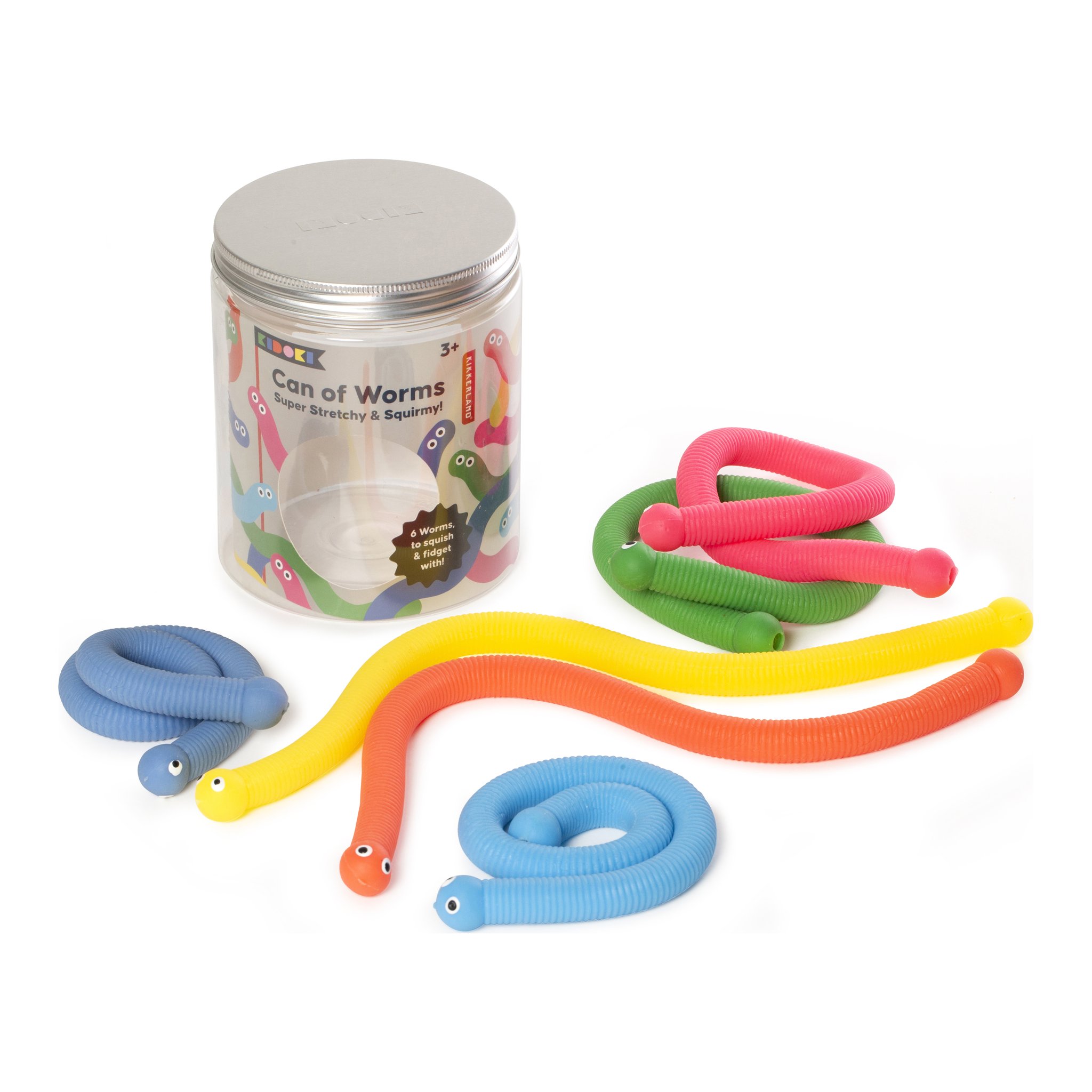 Quatre vers anti-stress extensibles en bleu, vert, jaune et rouge