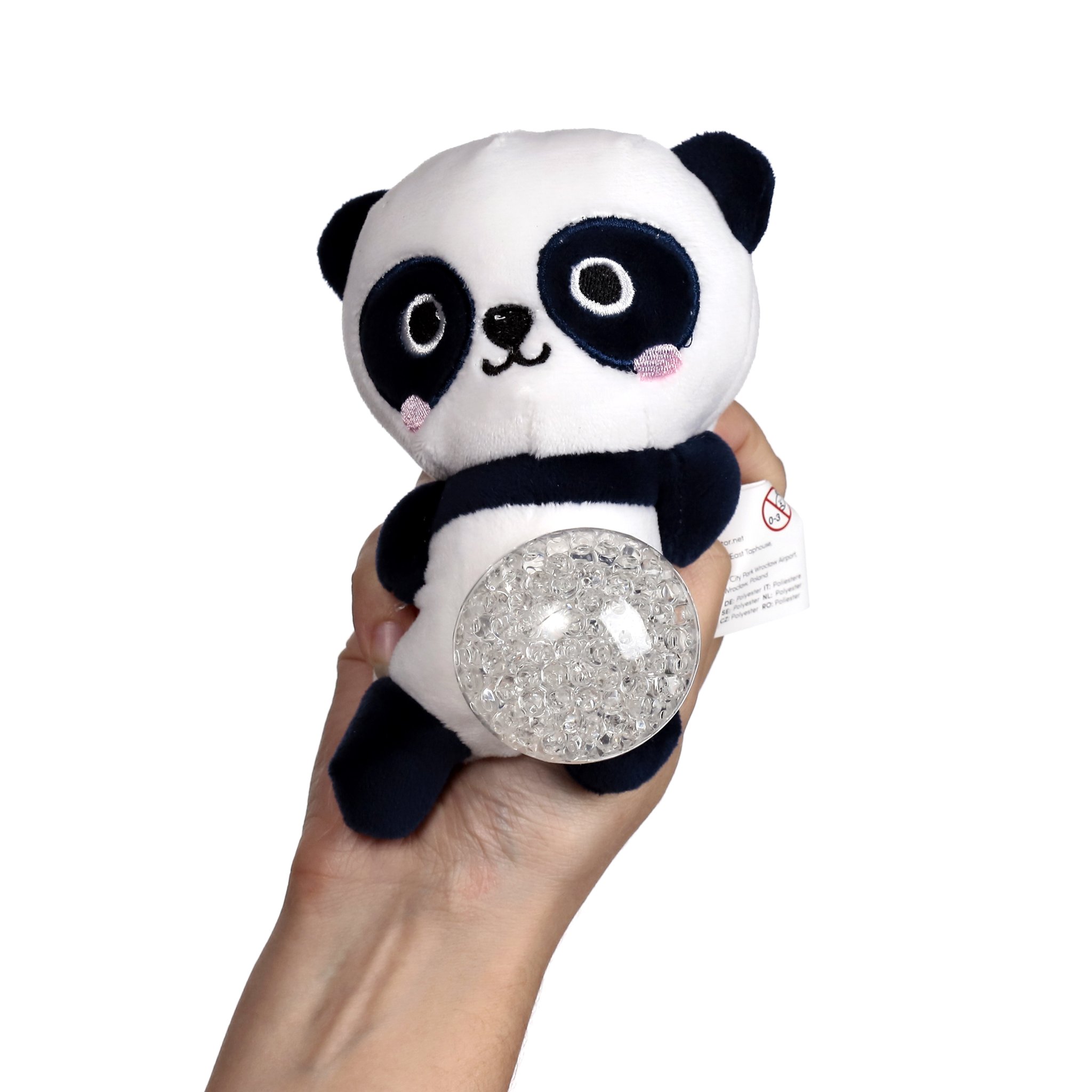 Panda-Plueschstressball in der Hand, Gelkugel tritt hervor