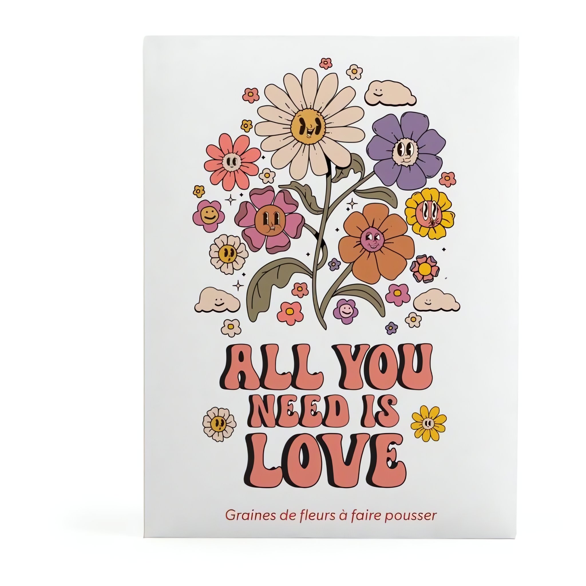Samenkarte mit gezeichneten Blumen und dem Schriftzug All you need is love