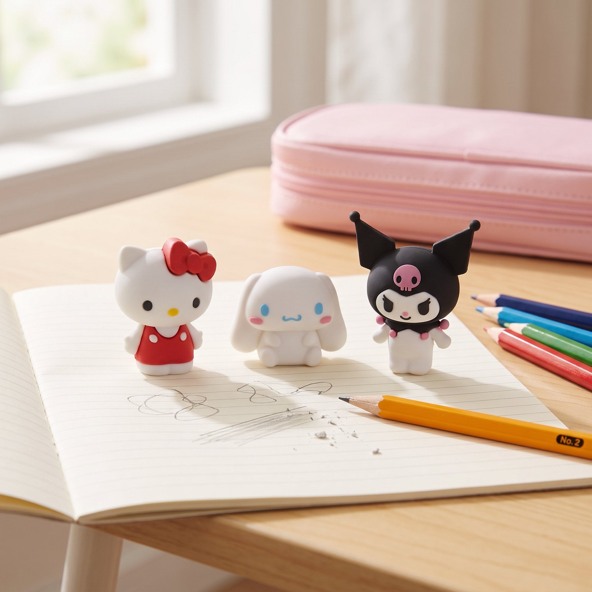 Hello Kitty, Cinnamoroll und Kuromi als 3D-Radiergummis auf einem Schulheft neben Bleistiften und Etui