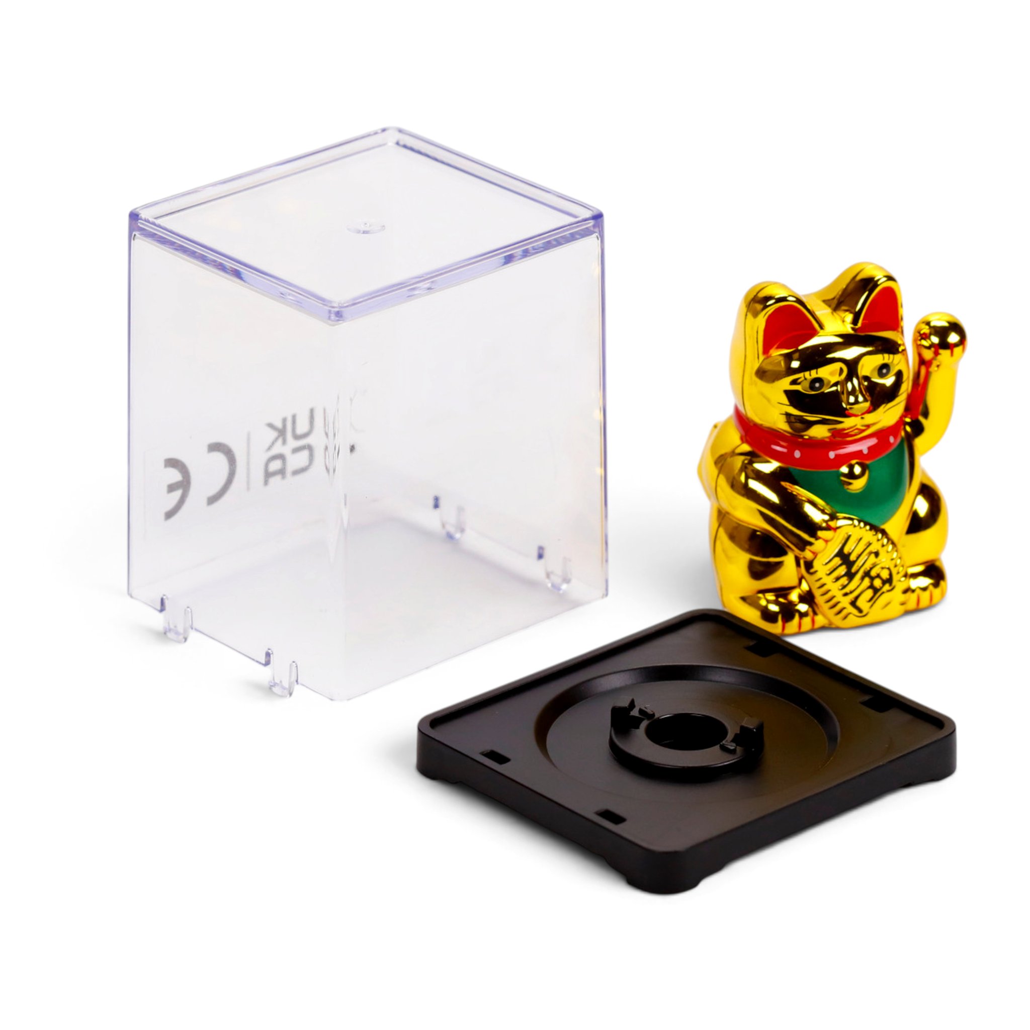 Klarsichtbox geöffnet mit Sockel und Katze