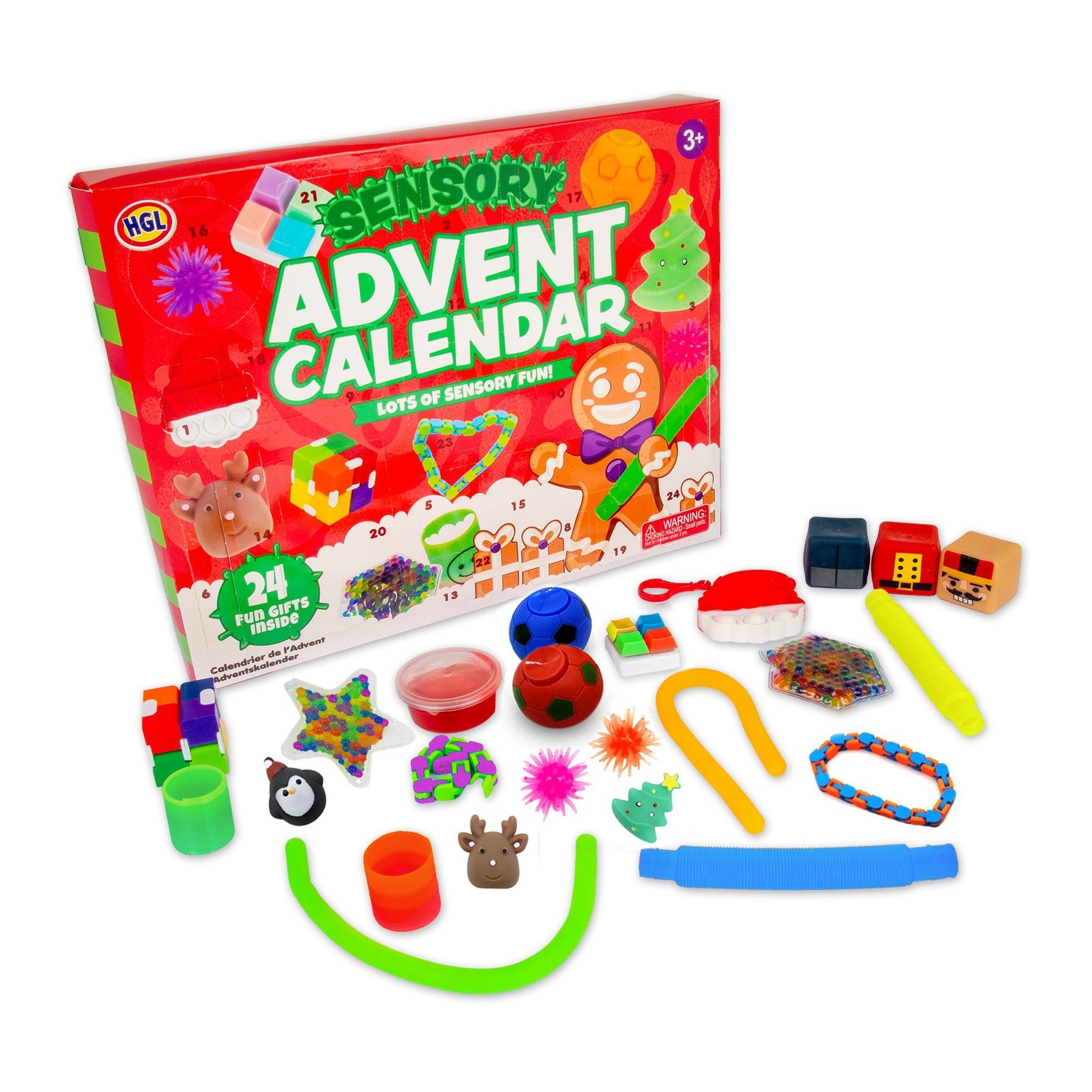 Calendario dell'Avvento fidget HGL con tutti i 24 giochi sensoriali disposti davanti alla scatola rossa