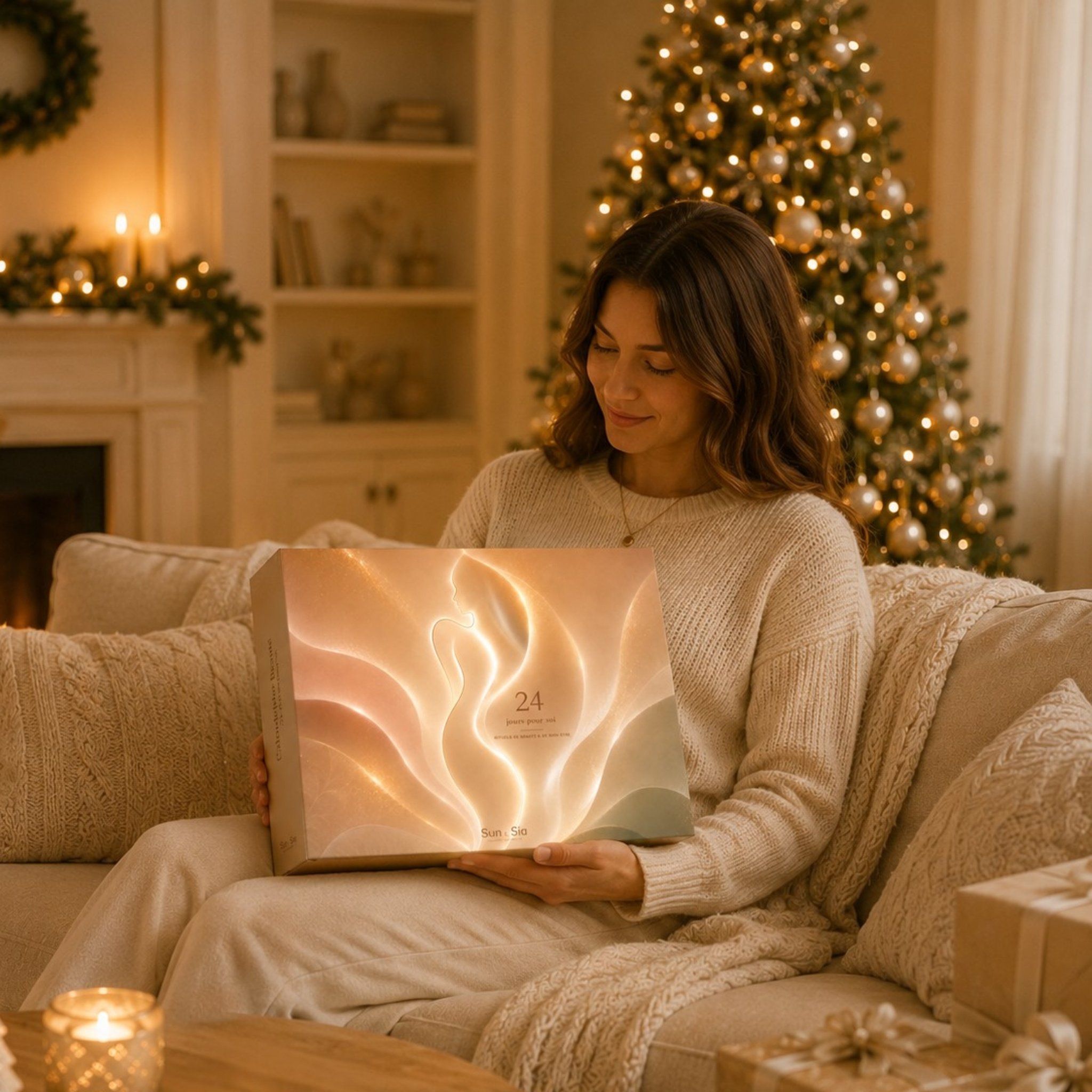 Femme sur le canapé ravie de son calendrier de l'Avent beauté