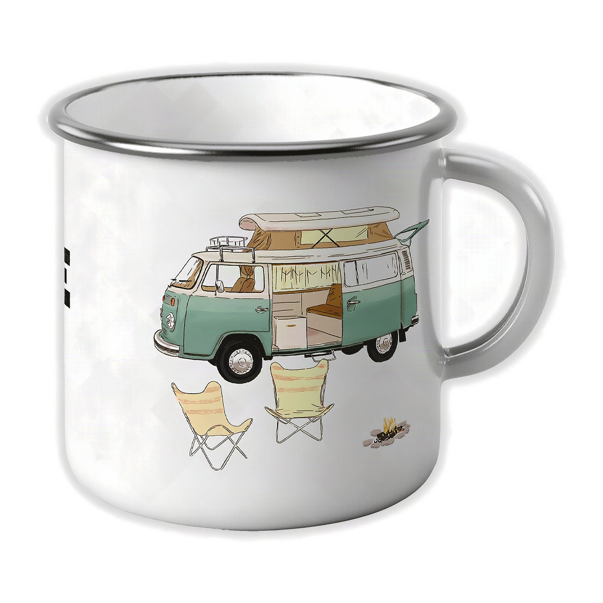 Emailletasse mit Bus und Campingstühlen