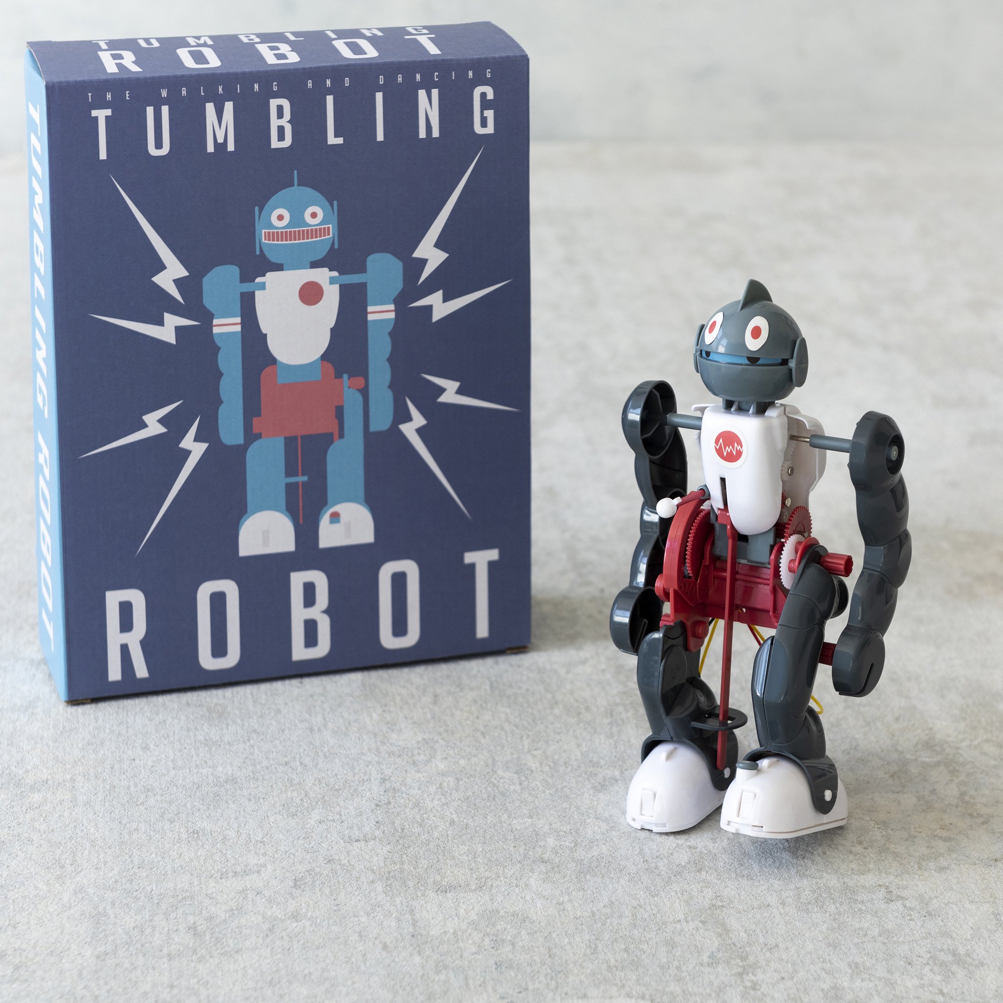 Assembled Tumbling Robot in front of the robot kit box