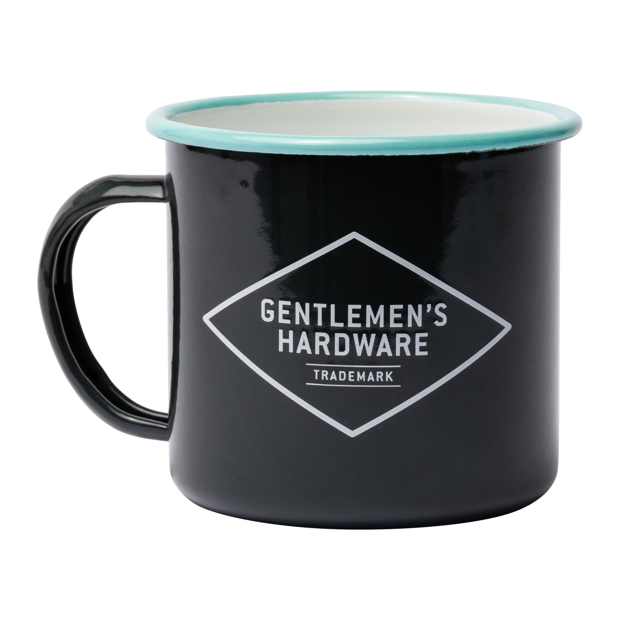 Rückseite der schwarzen Emailletasse Sleep Under The Stars mit türkisem Rand und Gentlemen's-Hardware-Logo in der Raute