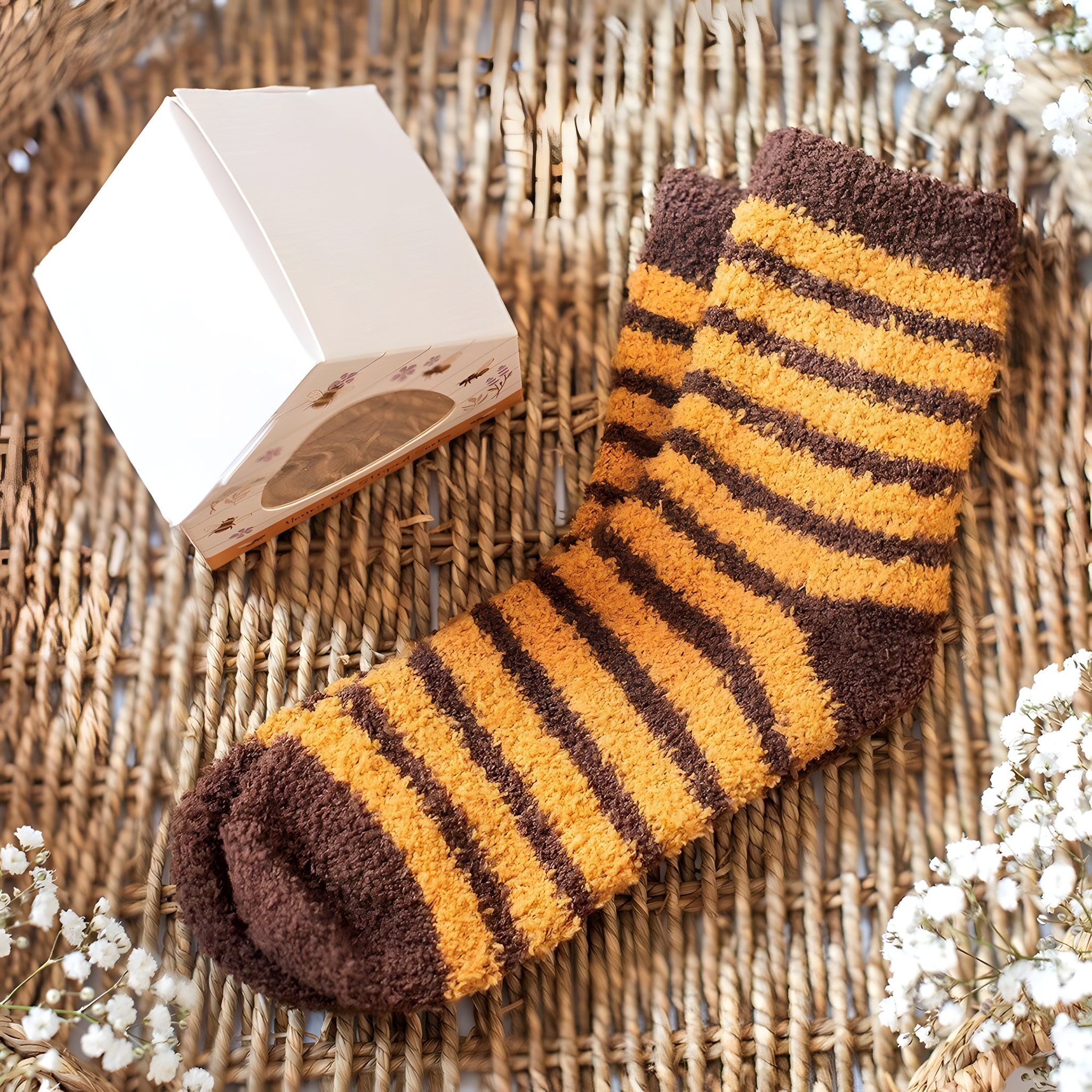 Chaussettes abeille rayées jaune et brun à côté de la boîte ruche
