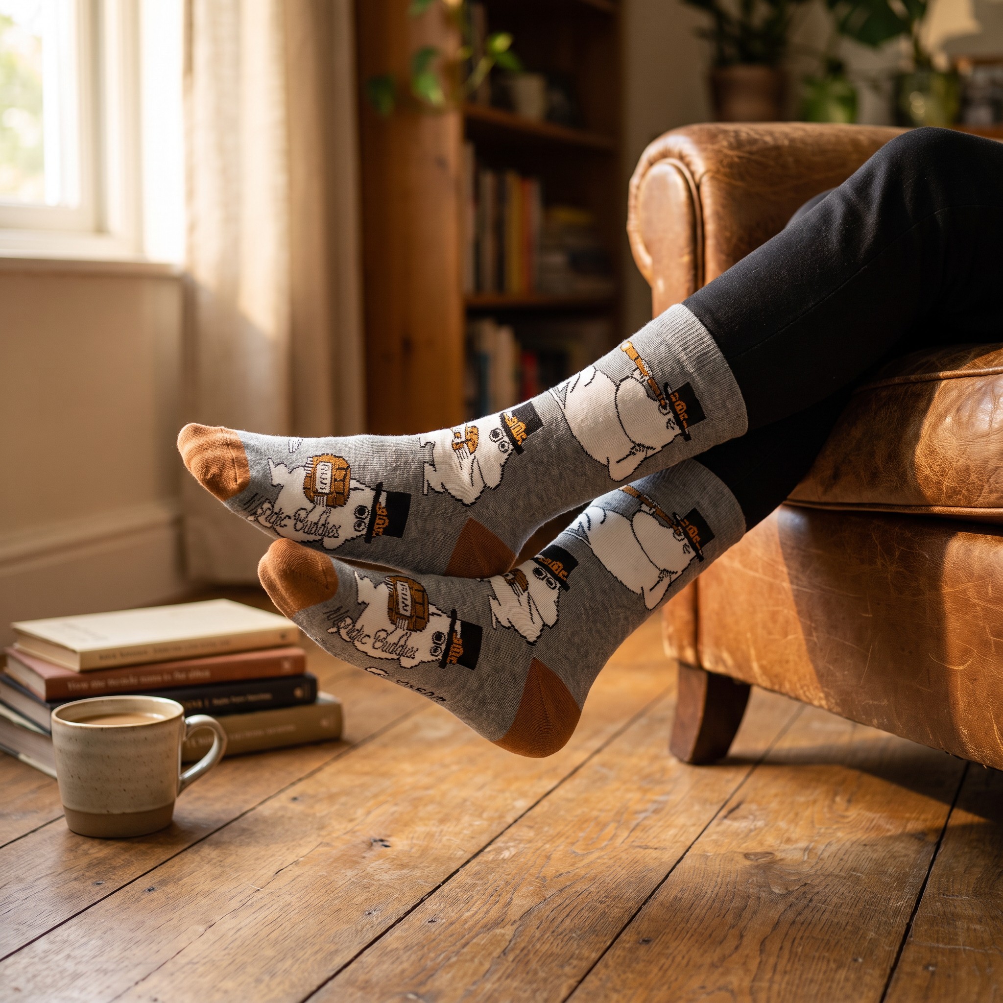 Feet resting on a sofa wearing the grey Moomin socks from the gift box
