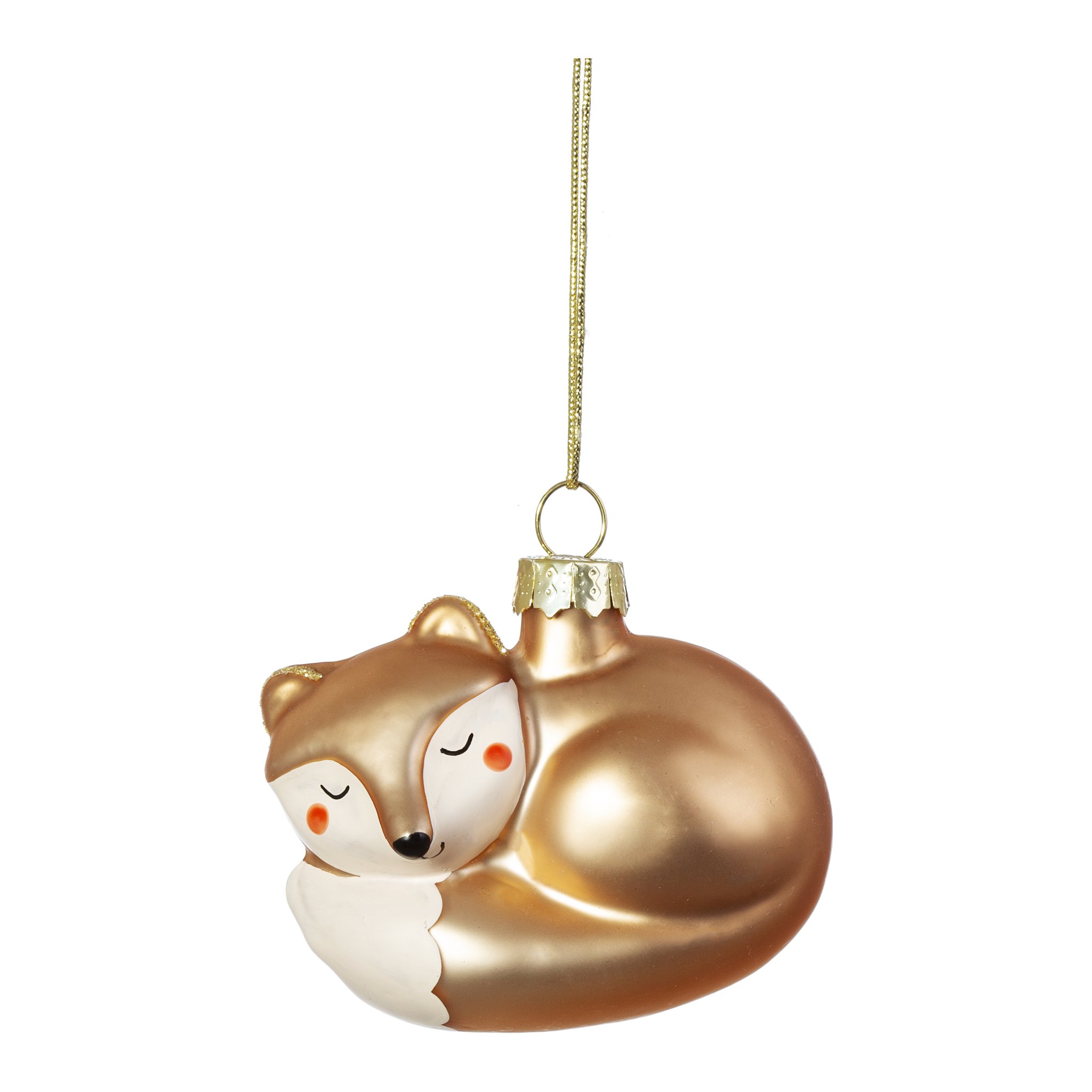 Décoration de sapin renard Sass & Belle détourée, renard endormi en verre doré avec fil doré