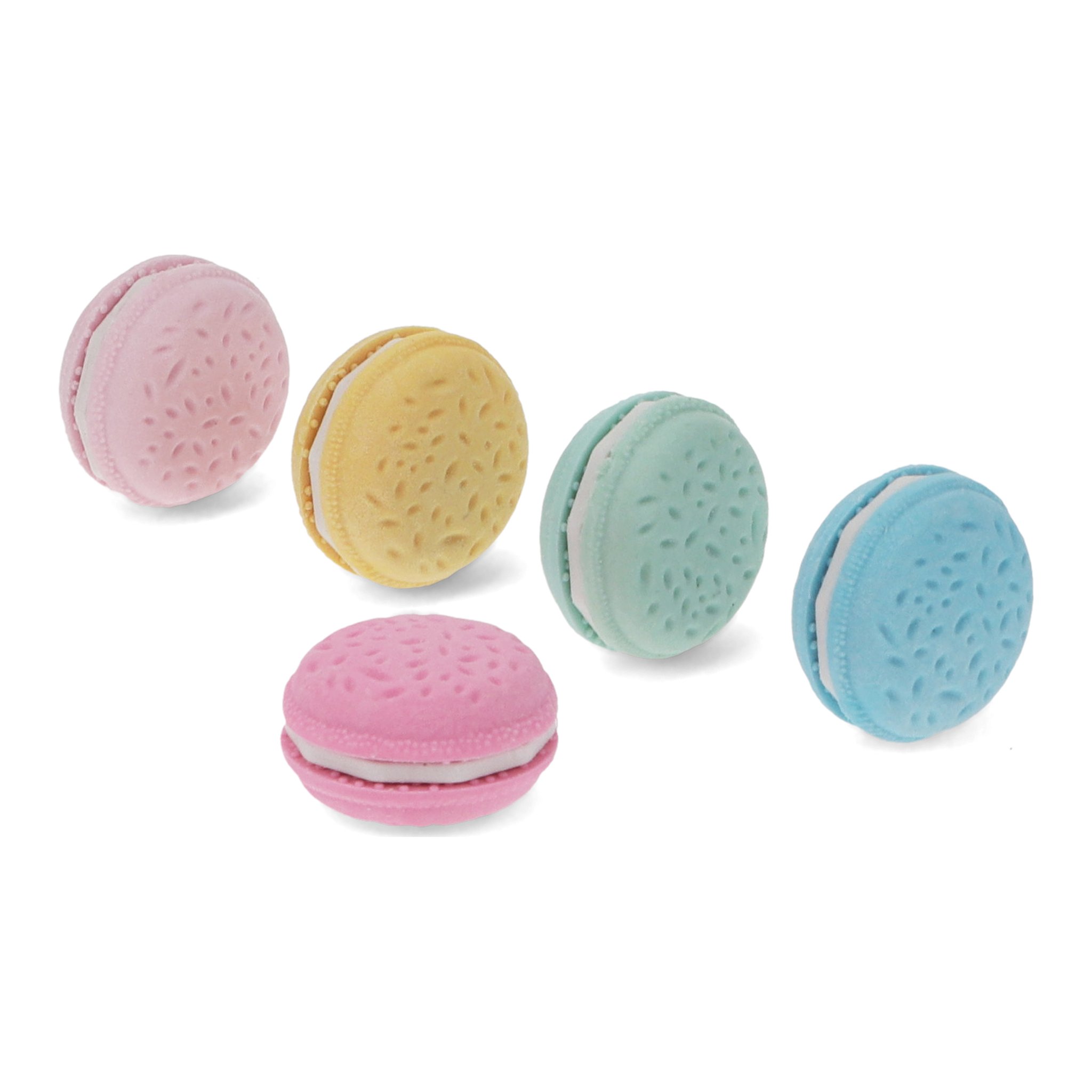 Les cinq gommes macarons en rose, jaune, menthe, bleu et fuchsia